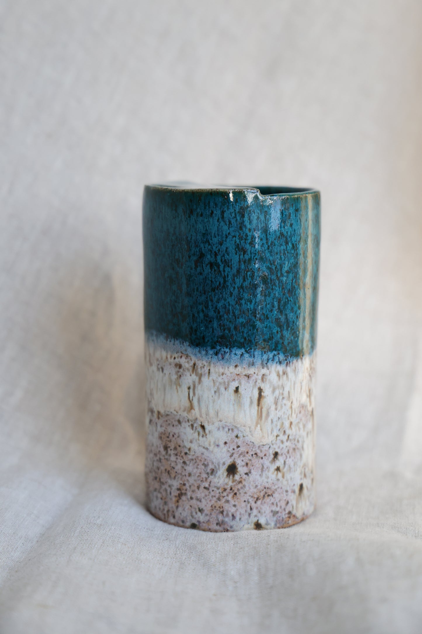 Turquoise travel mug with feathered speckled, Mustache Saver, Ceramic Stoneware Hand Thrown in Maine 14-16oz.