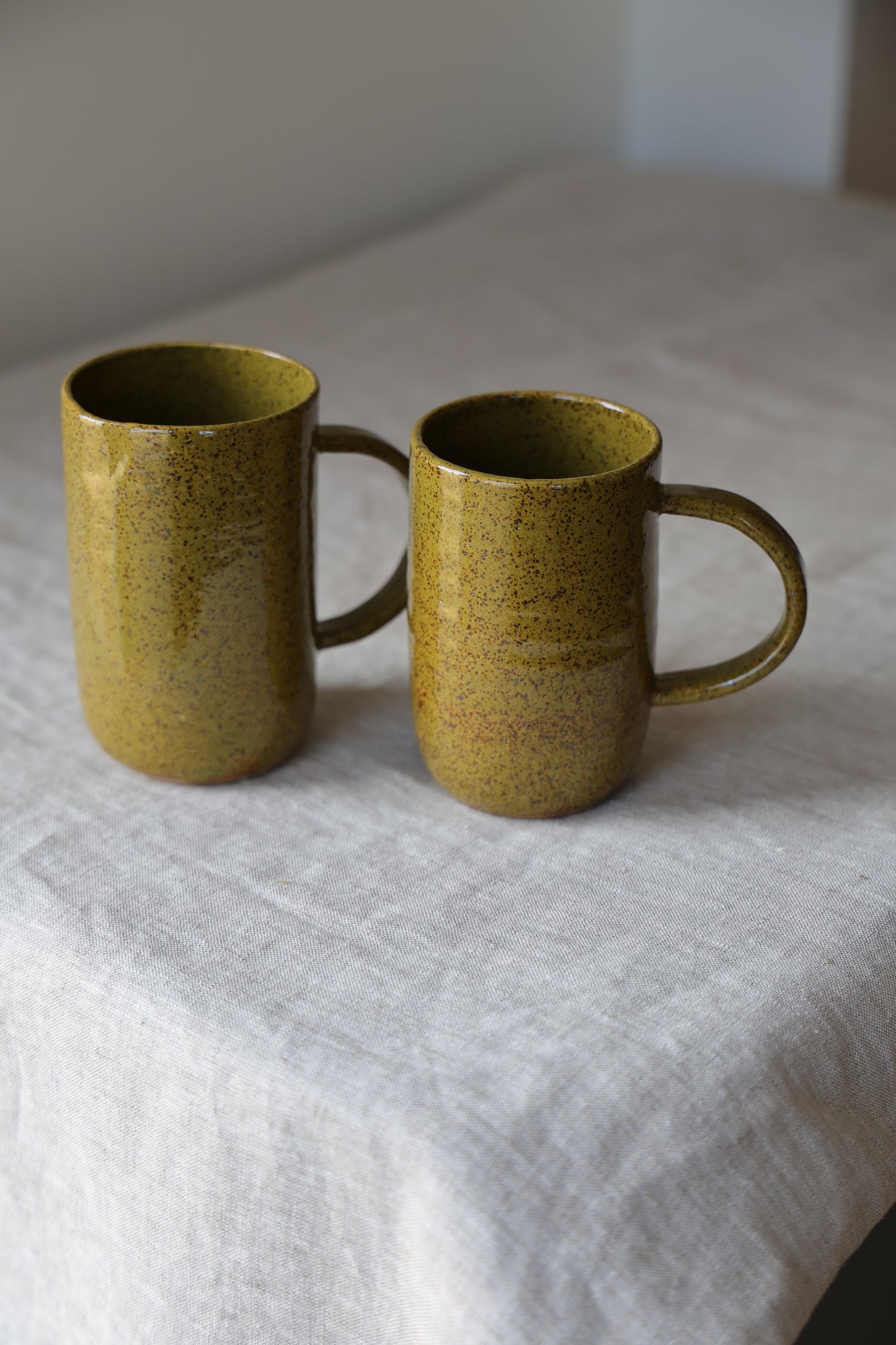 Olive green minimalist Ceramic Stoneware mug Hand Thrown in Maine 12-14oz.