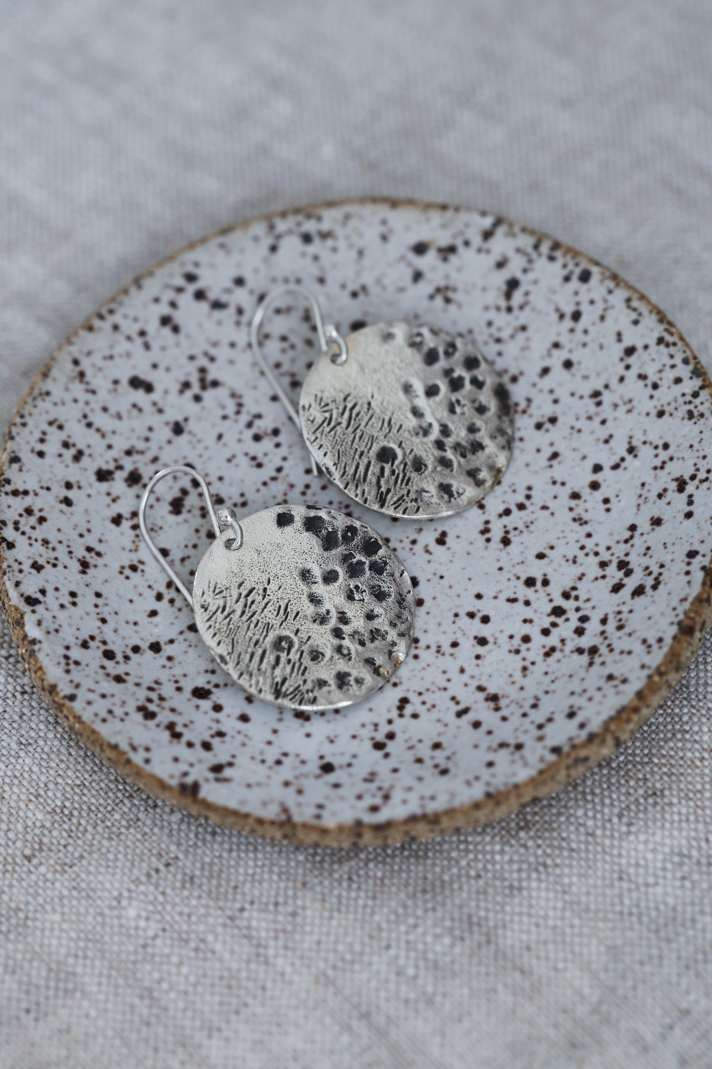 Organically Textured Silver Discs Water's Reflection Wabi-Sabi Circle Earrings, Recycled Silver or Brass hammered texture simple