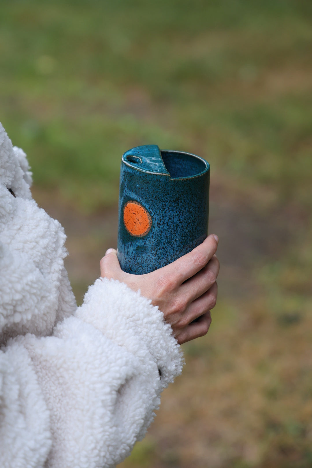 Deep Blue with Orange Moon Speckled To Go Cup, Travel Mug, Travel Tumbler, Mustache Saver, Ceramic Stoneware,  Hand Thrown in Maine 13-15oz.  Pottery Cup