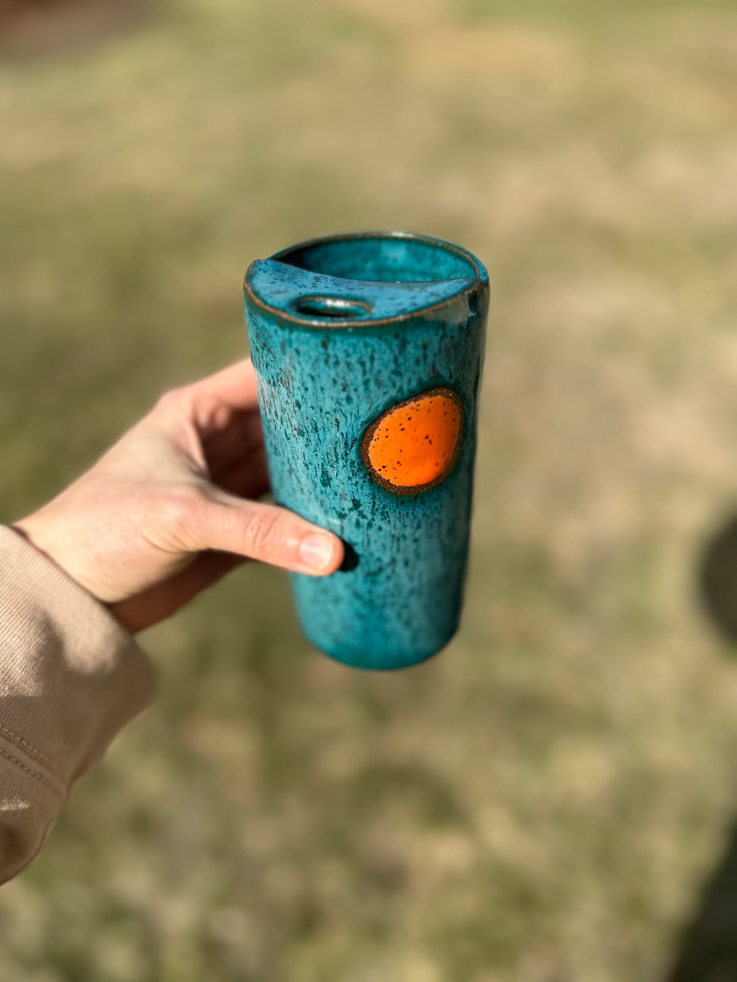 Deep Blue with Orange Moon Speckled To Go Cup, Travel Mug, Travel Tumbler, Mustache Saver, Ceramic Stoneware,  Hand Thrown in Maine 13-15oz.  Pottery Cup