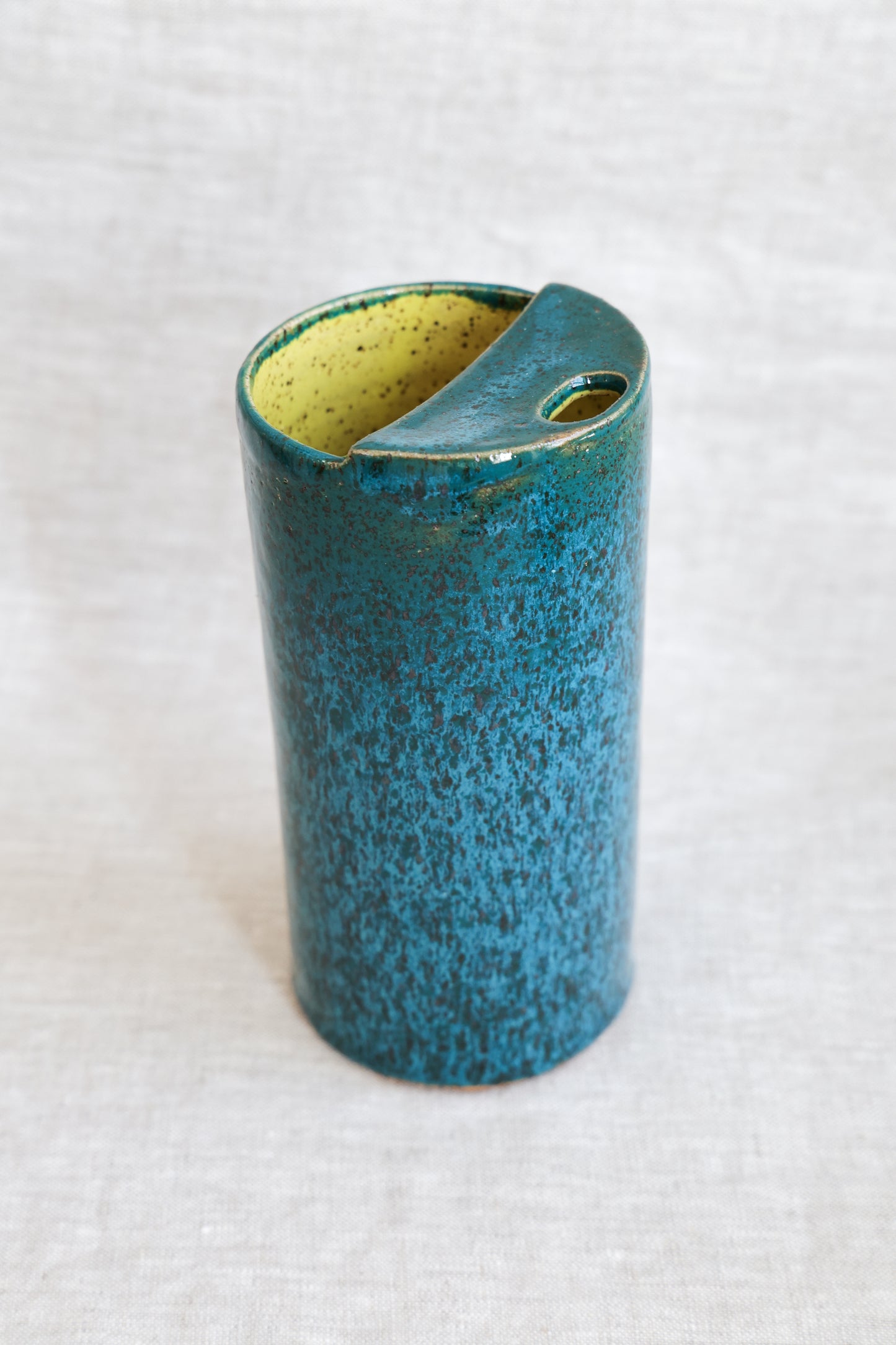Second* Rich Turquoise and Yellow, Speckled To Go Cup, Travel Mug, Travel Tumbler, Mustache Saver, Ceramic Stoneware,  Hand Thrown in Maine 14-16oz.  Pottery Cup