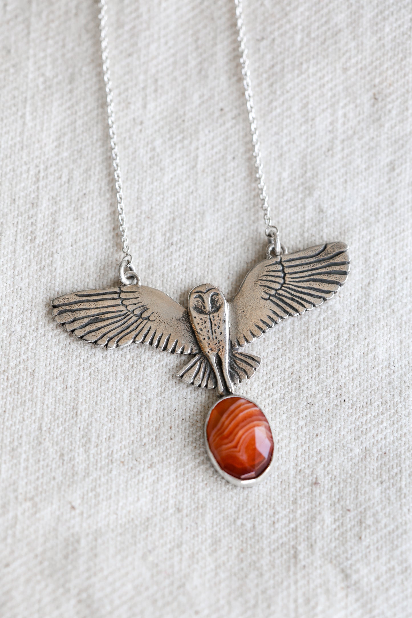 Barn owl, grounding wisdom and stillness, hand carved barn owl necklace with Brazilian Emerald, Carnelian, moonstone, or by itself.