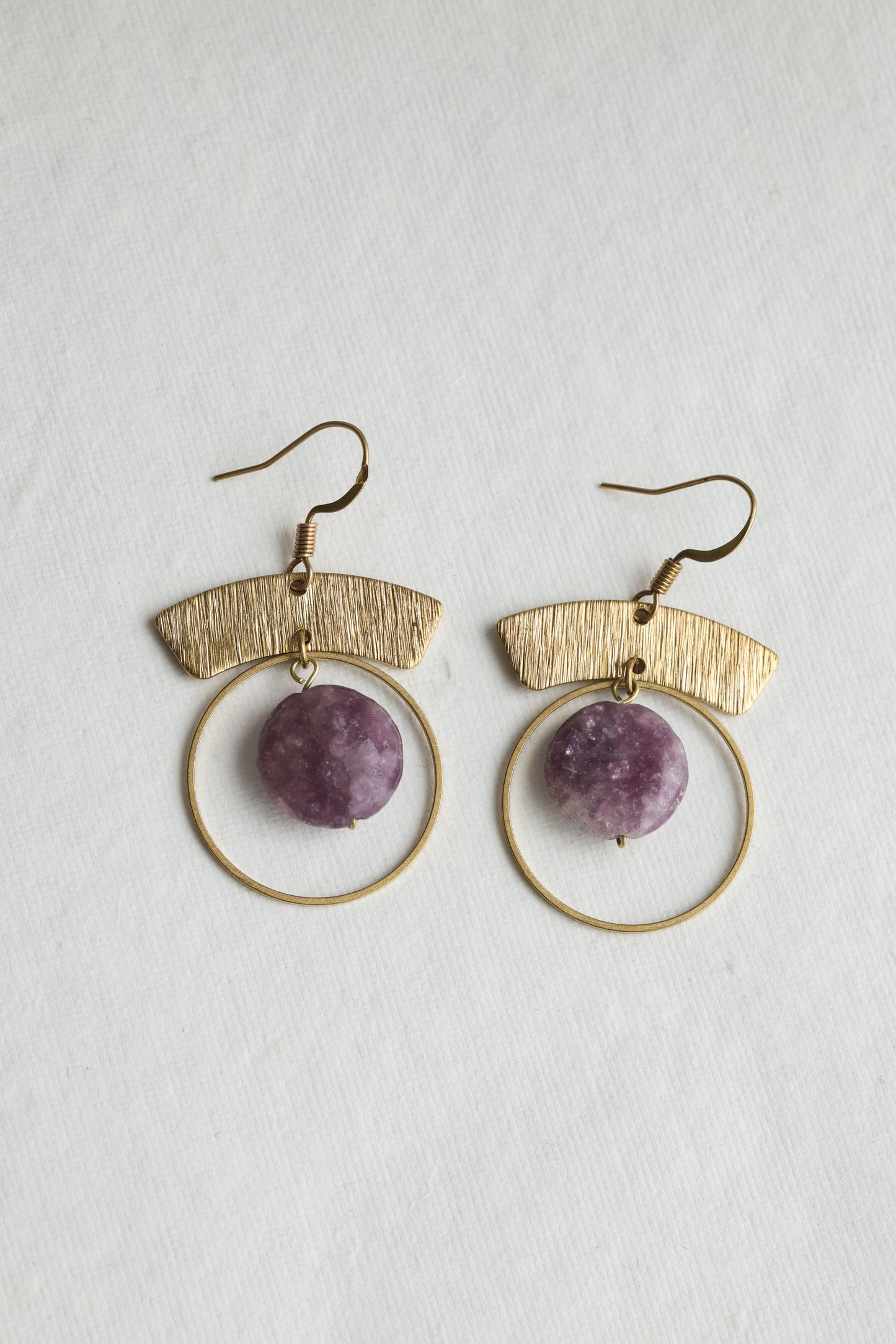 Solid brass boho hoop earrings with purple lepidolite