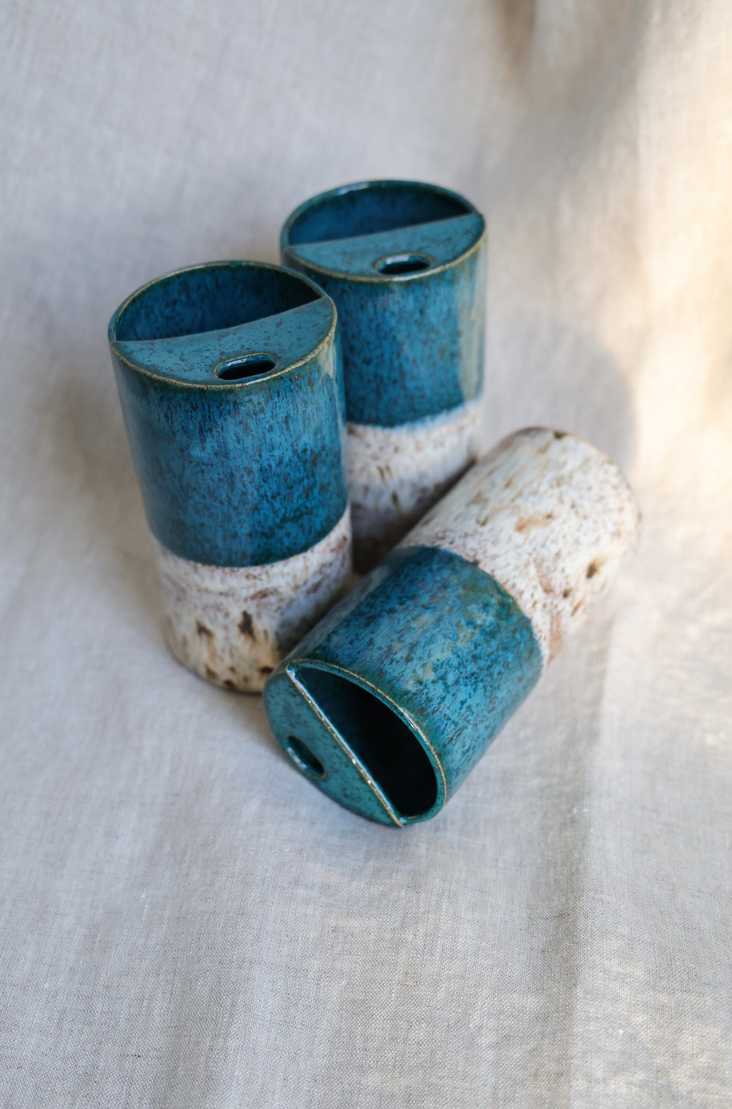 Turquoise travel mug with feathered speckled, Mustache Saver, Ceramic Stoneware Hand Thrown in Maine 14-16oz.