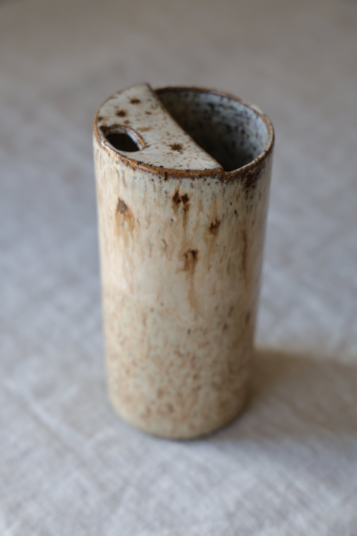 Cream and beige, Speckled To Go Cup, Travel Mug, Travel Tumbler, Mustache Saver, Ceramic Stoneware,  Hand Thrown in Maine 13-15oz.  Pottery Cup