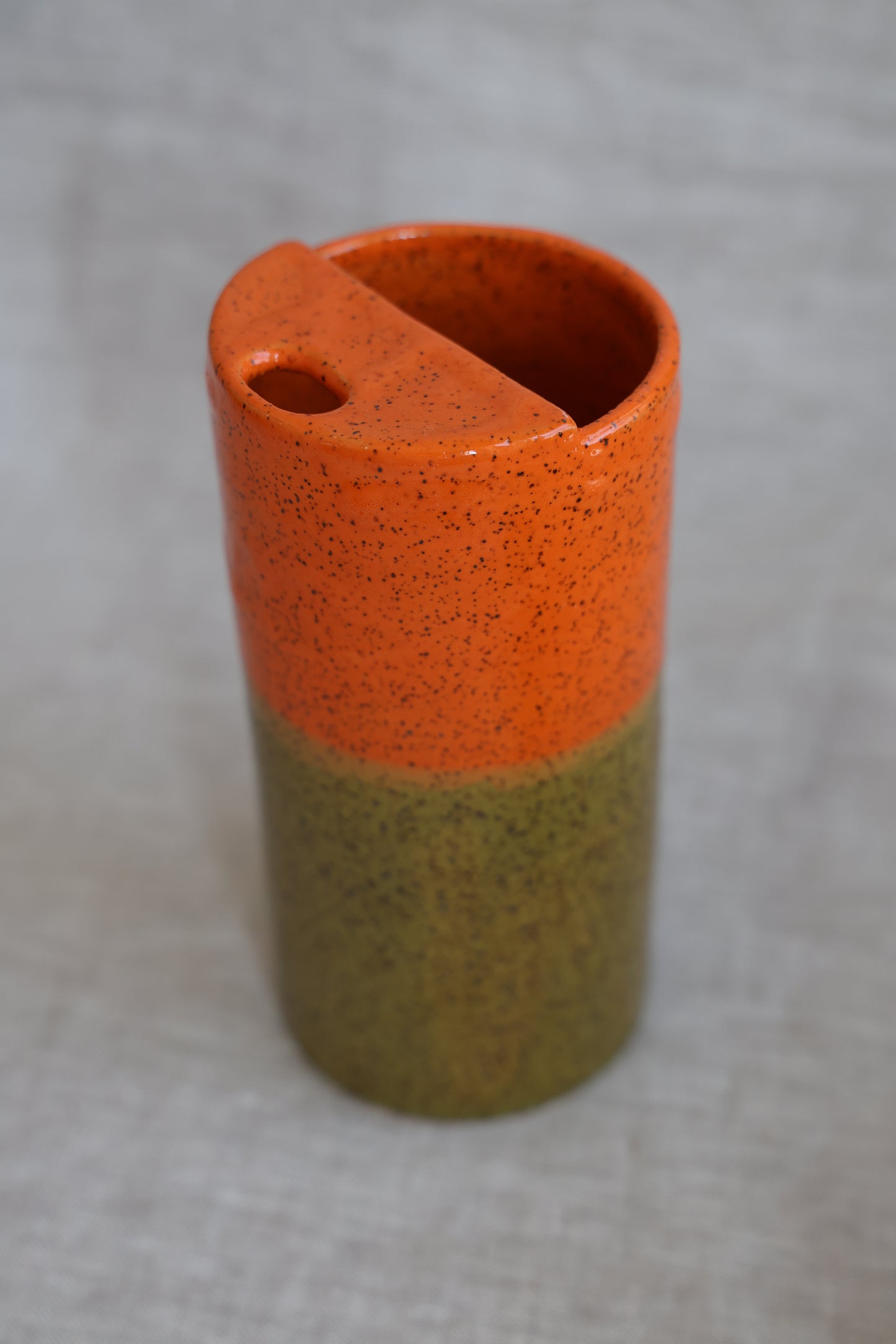 Olive & pimento Speckled To Go Cup, Travel Mug, Travel Tumbler, Mustache Saver, Ceramic Stoneware,  Hand Thrown in Maine 14-16oz.  Pottery Cup