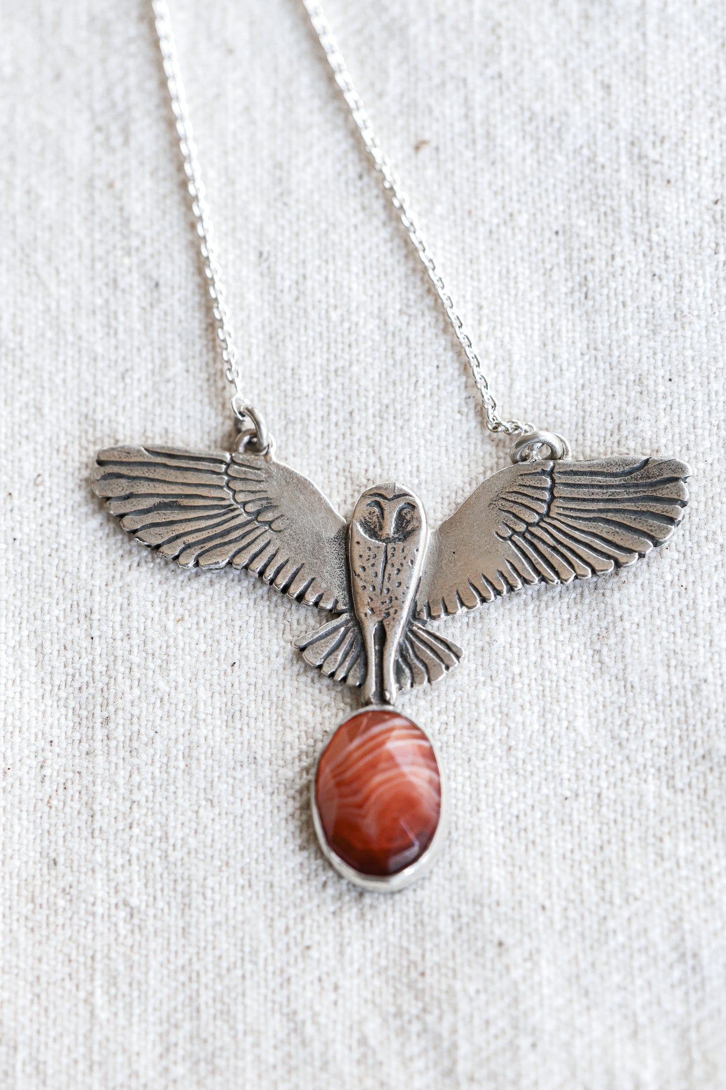 Barn owl, grounding wisdom and stillness, hand carved barn owl necklace with Brazilian Emerald, Carnelian, moonstone, or by itself.
