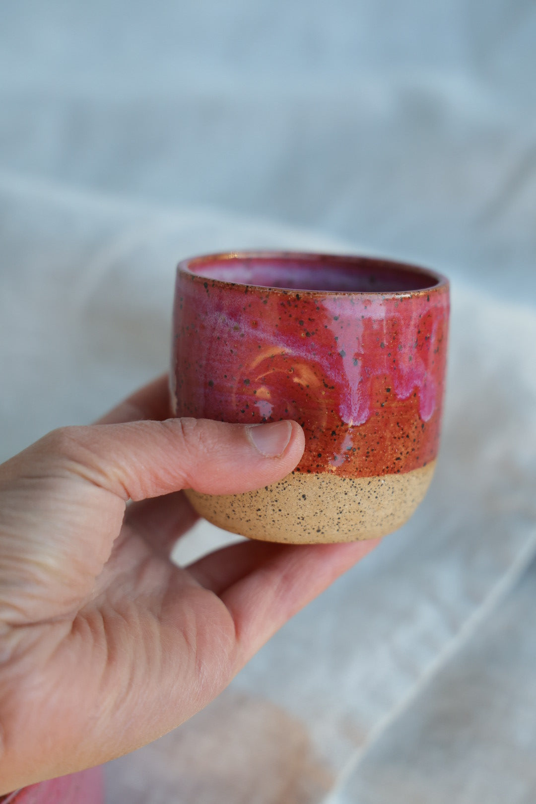Espresso cups with thumb print, speckled stoneware, pink or white, small handmade cup, Maine made, perfect for morning coffee ritual, espresso, mugs of tea or any small beverage.