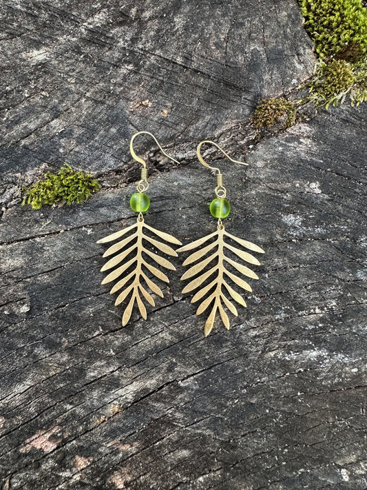 Fern dangle earrings with green sea glass made with sturdy brass, gold color,