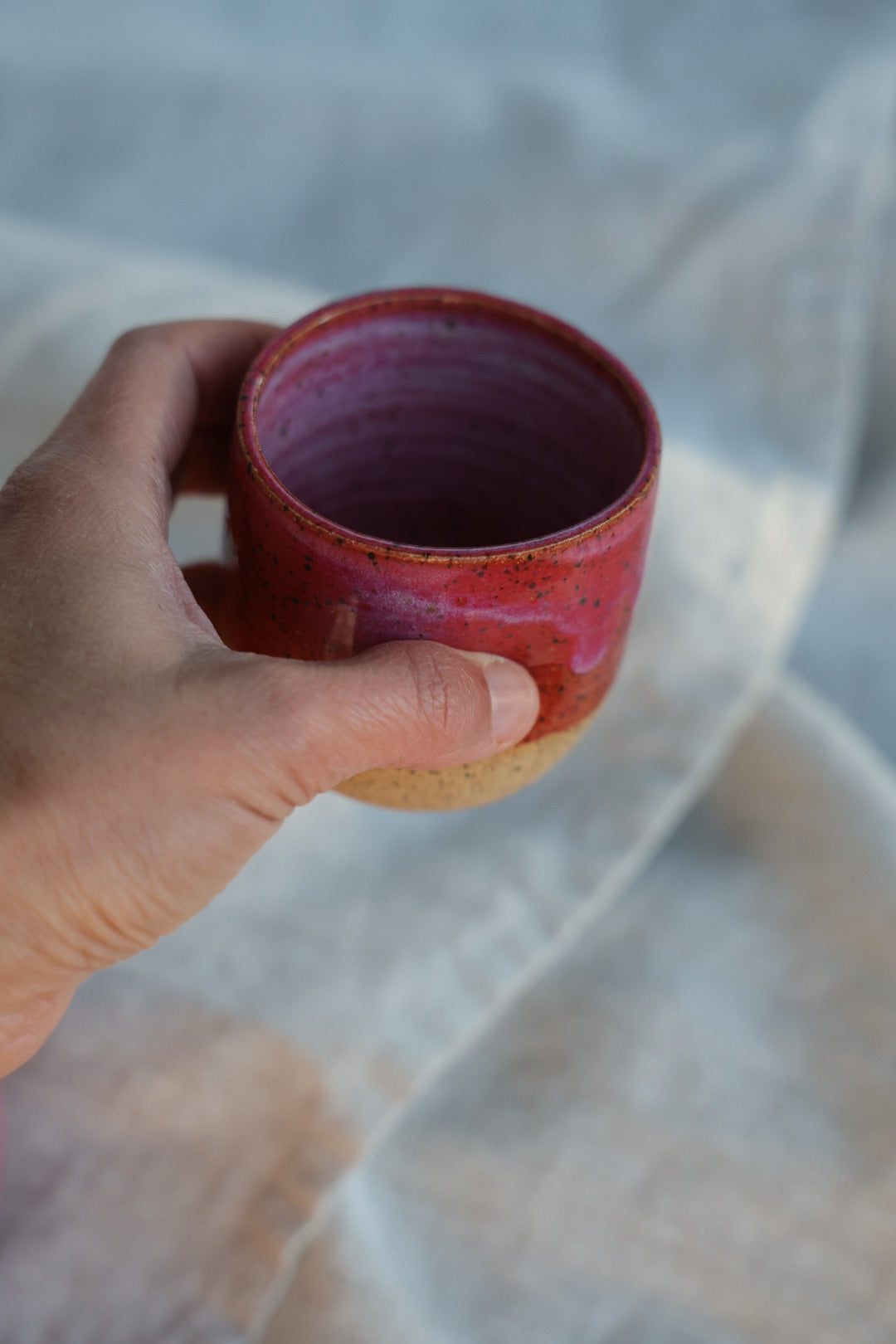 Espresso cups with thumb print, speckled stoneware, pink or white, small handmade cup, Maine made, perfect for morning coffee ritual, espresso, mugs of tea or any small beverage.