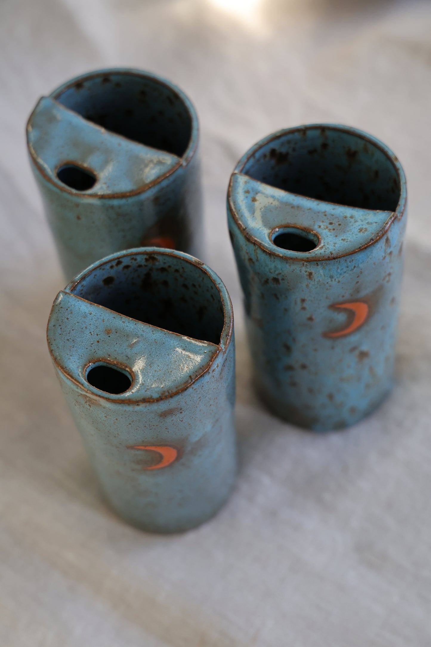 New Crescent moon travel mug with Blue feathered speckled, Mustache Saver, Ceramic Stoneware Hand Thrown in Maine 14-16oz.