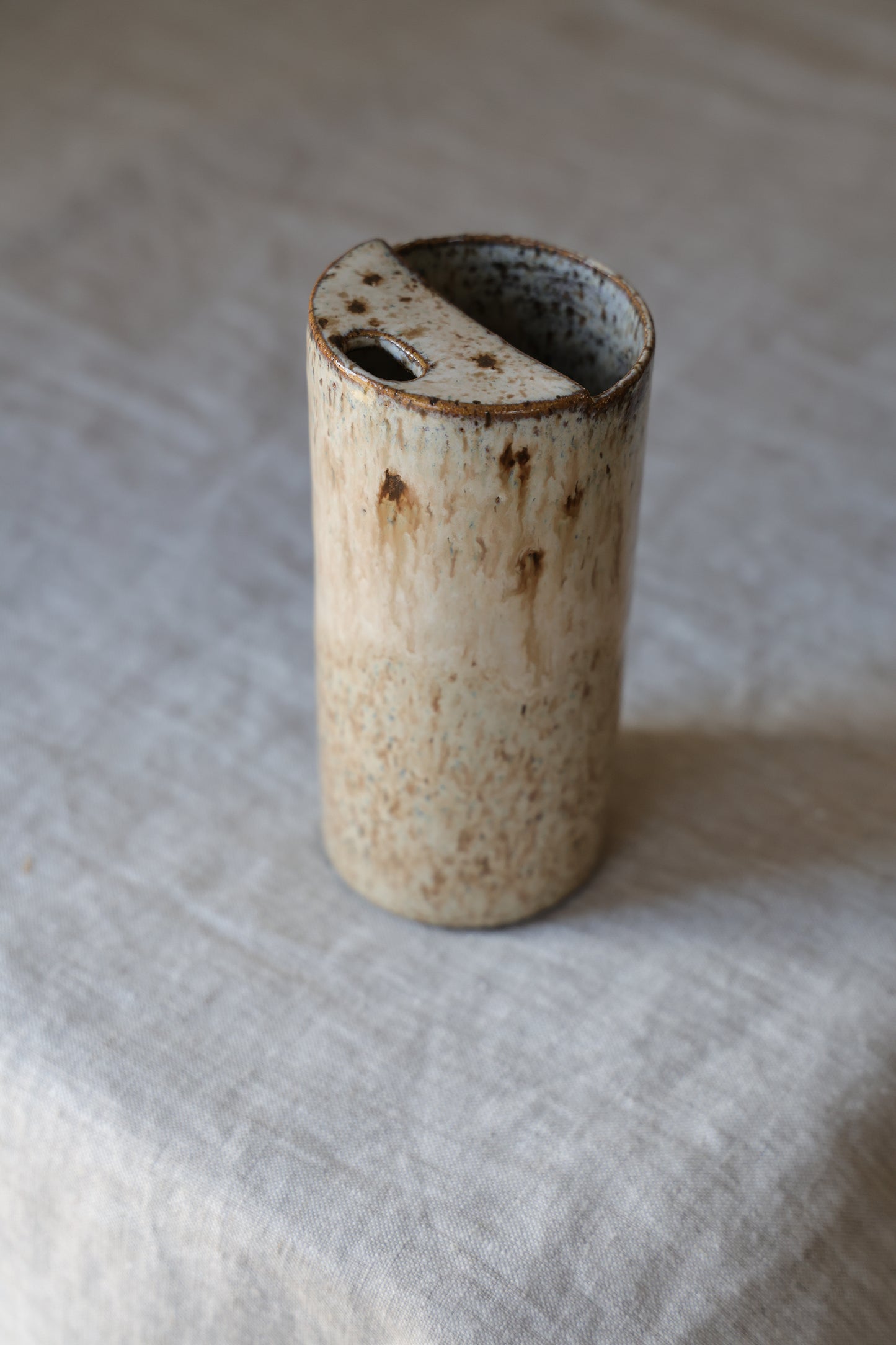 Cream and beige, Speckled To Go Cup, Travel Mug, Travel Tumbler, Mustache Saver, Ceramic Stoneware,  Hand Thrown in Maine 13-15oz.  Pottery Cup