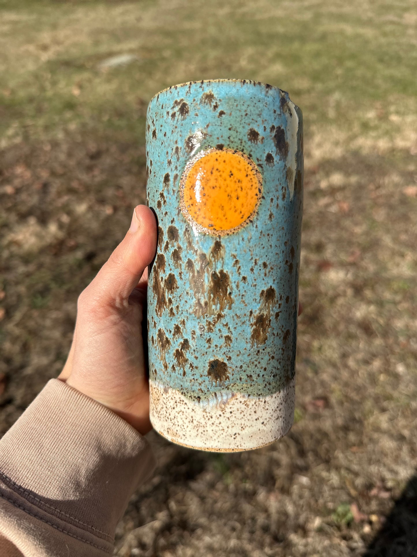 Golden Hour Blue & Cream with Orange Sun Speckled To Go Cup, Travel Mug, Travel Tumbler, Mustache Saver, Ceramic Stoneware,  Hand Thrown in Maine 14-16 oz.  Pottery Cup