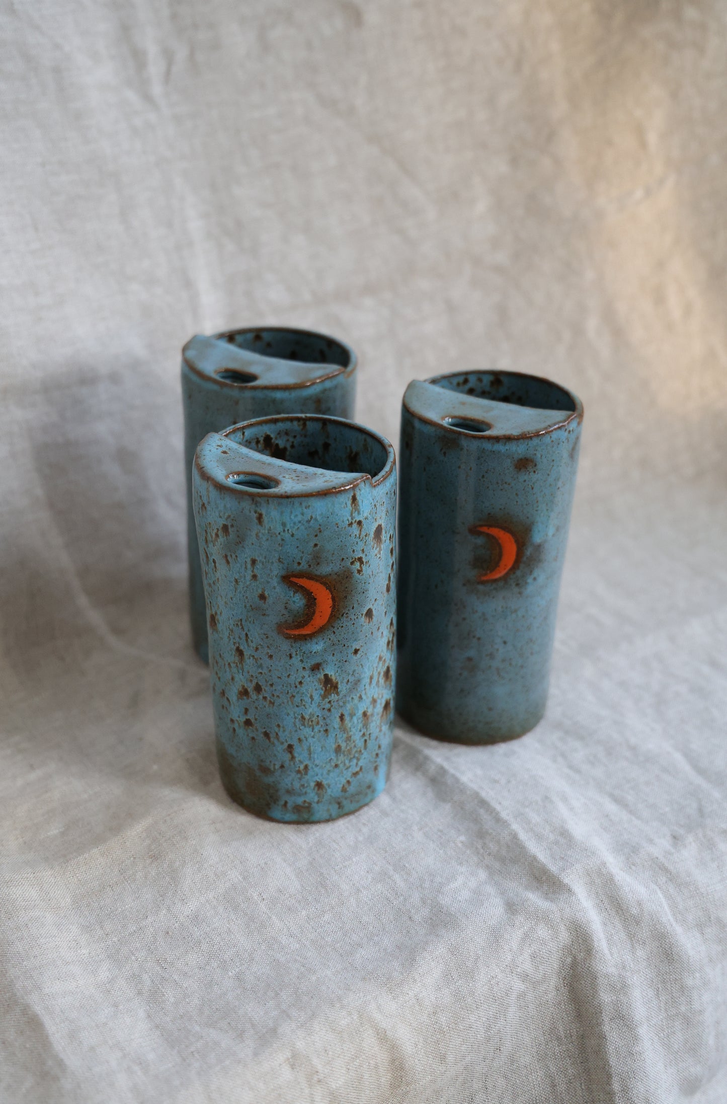New Crescent moon travel mug with Blue feathered speckled, Mustache Saver, Ceramic Stoneware Hand Thrown in Maine 14-16oz.