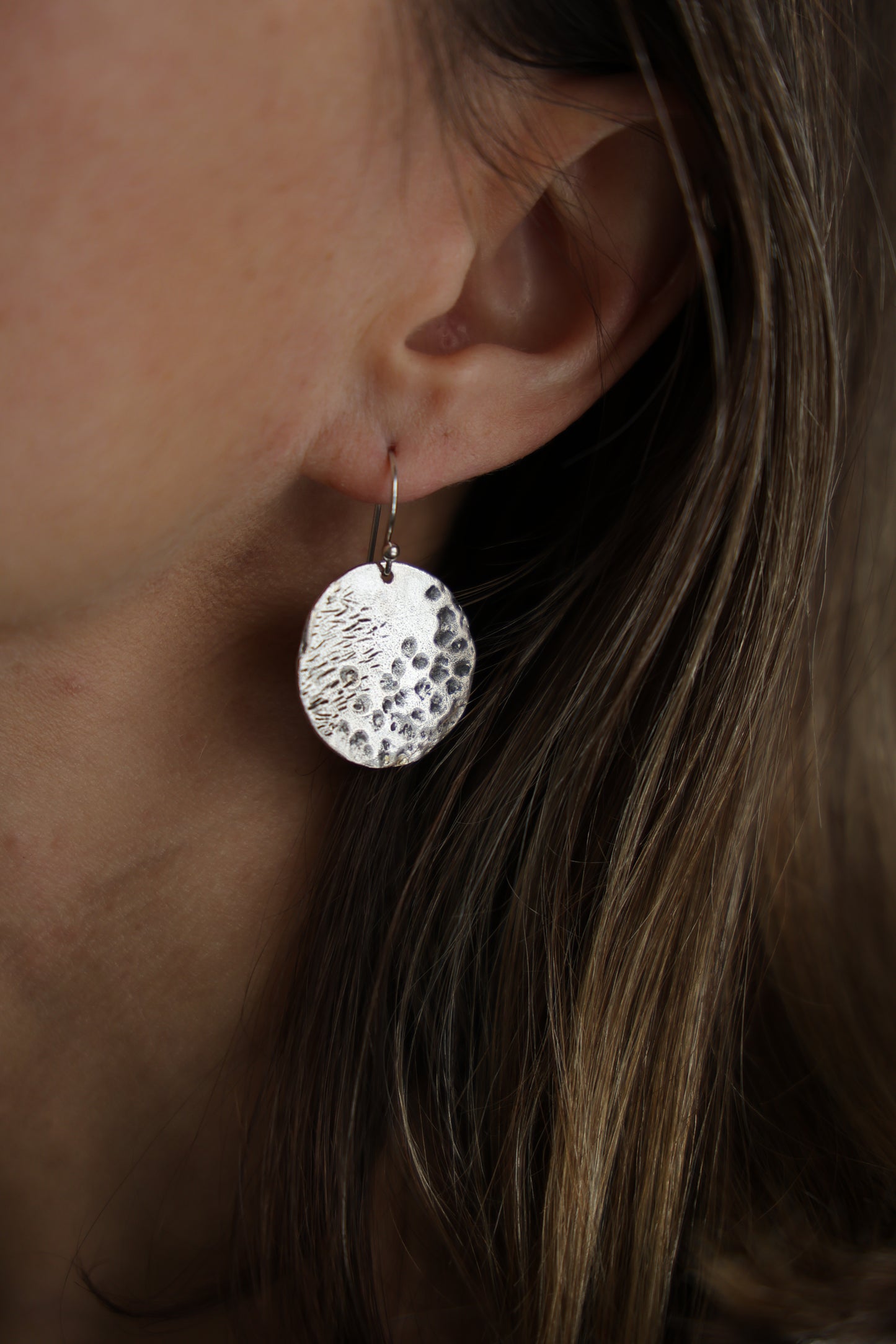 Organically Textured Silver Discs Water's Reflection Wabi-Sabi Circle Earrings, Recycled Silver or Brass hammered texture simple