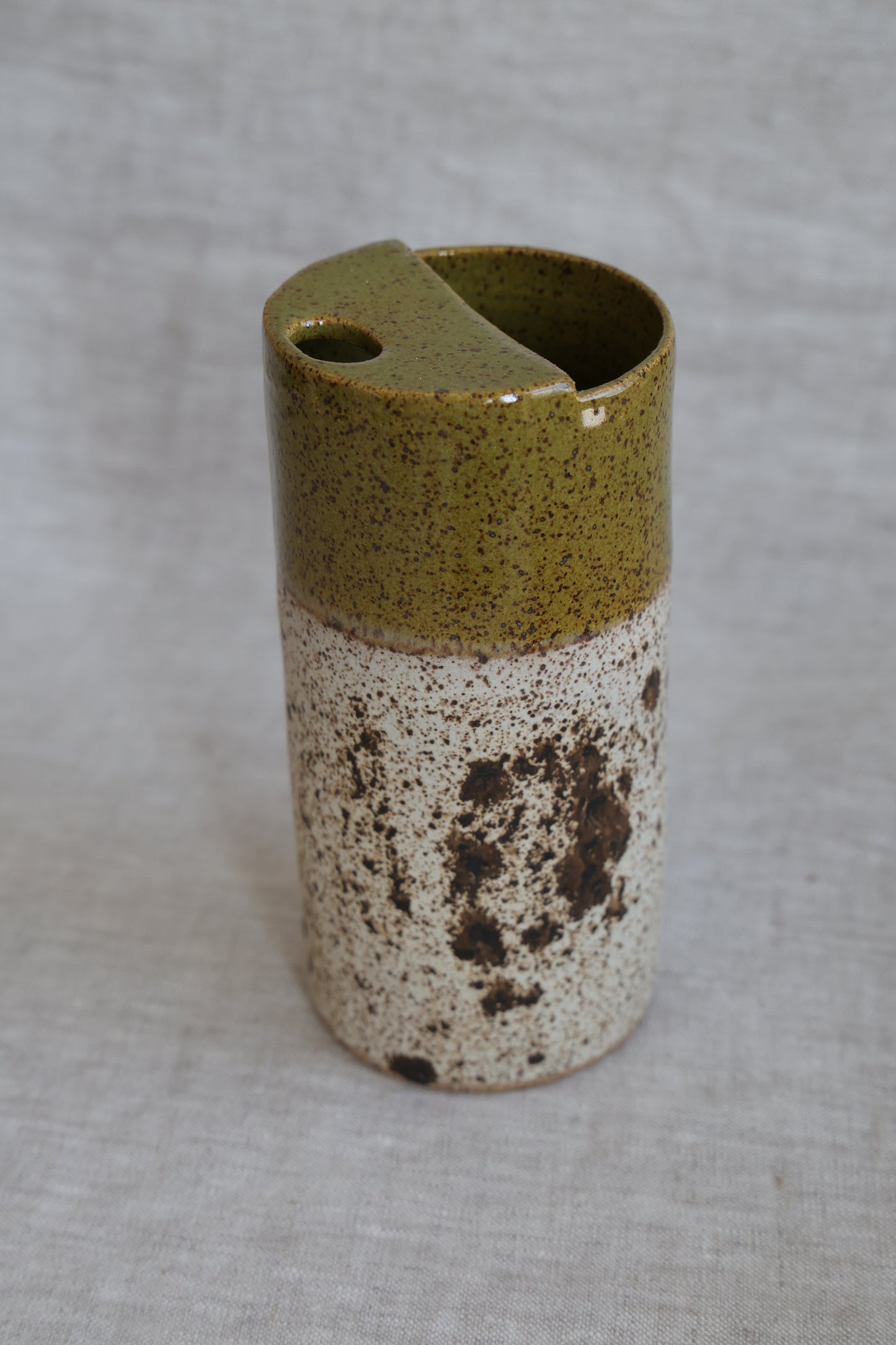 Olive Green and Quail Egg Speckled To Go Cup, Travel Mug, Travel Tumbler, Mustache Saver, Ceramic Stoneware,  Hand Thrown in Maine 14-16oz.  Pottery Cup
