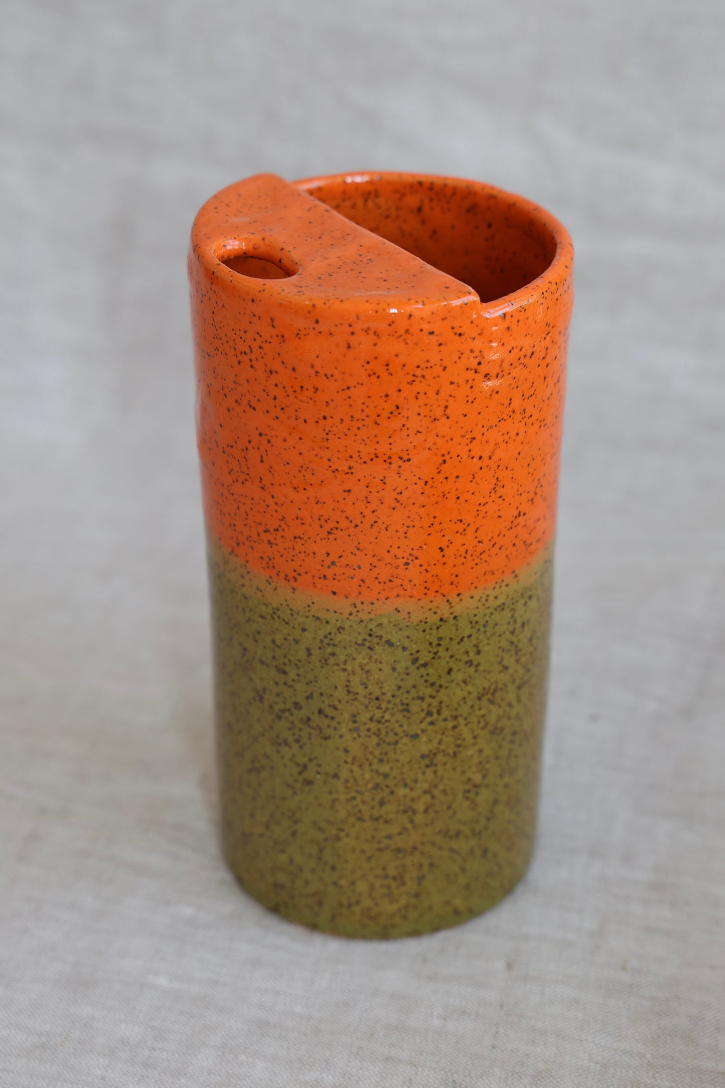 Olive & pimento Speckled To Go Cup, Travel Mug, Travel Tumbler, Mustache Saver, Ceramic Stoneware,  Hand Thrown in Maine 14-16oz.  Pottery Cup
