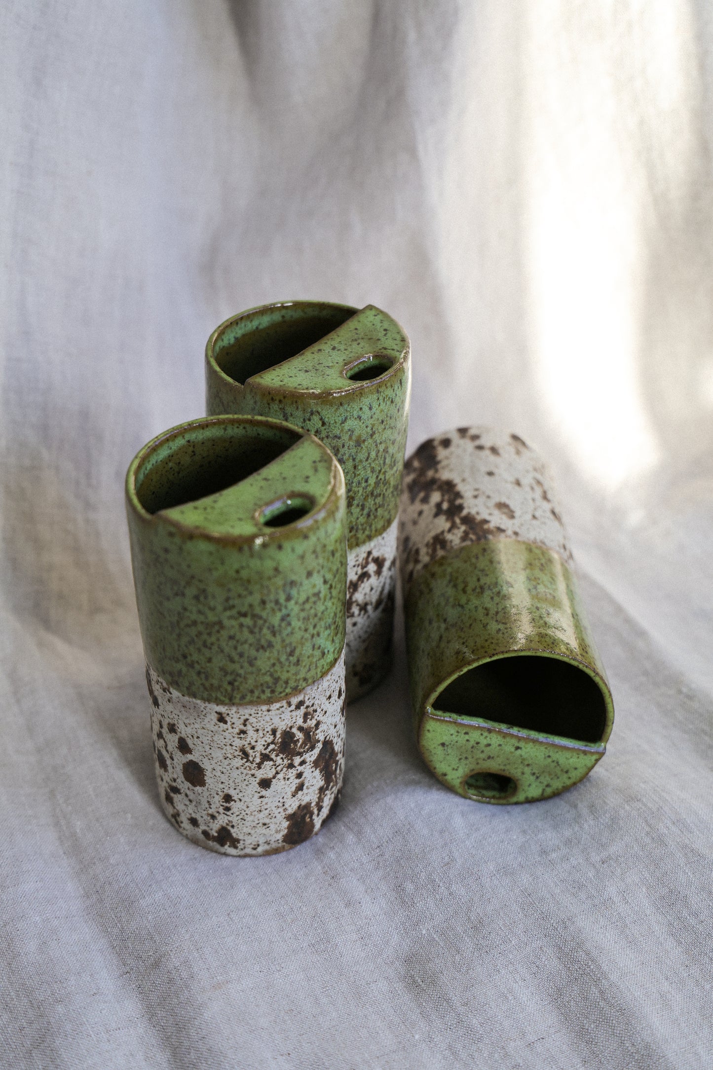 Green travel mug with creamy speckled bottom, Mustache Saver, Ceramic Stoneware Hand Thrown in Maine 14-16oz.