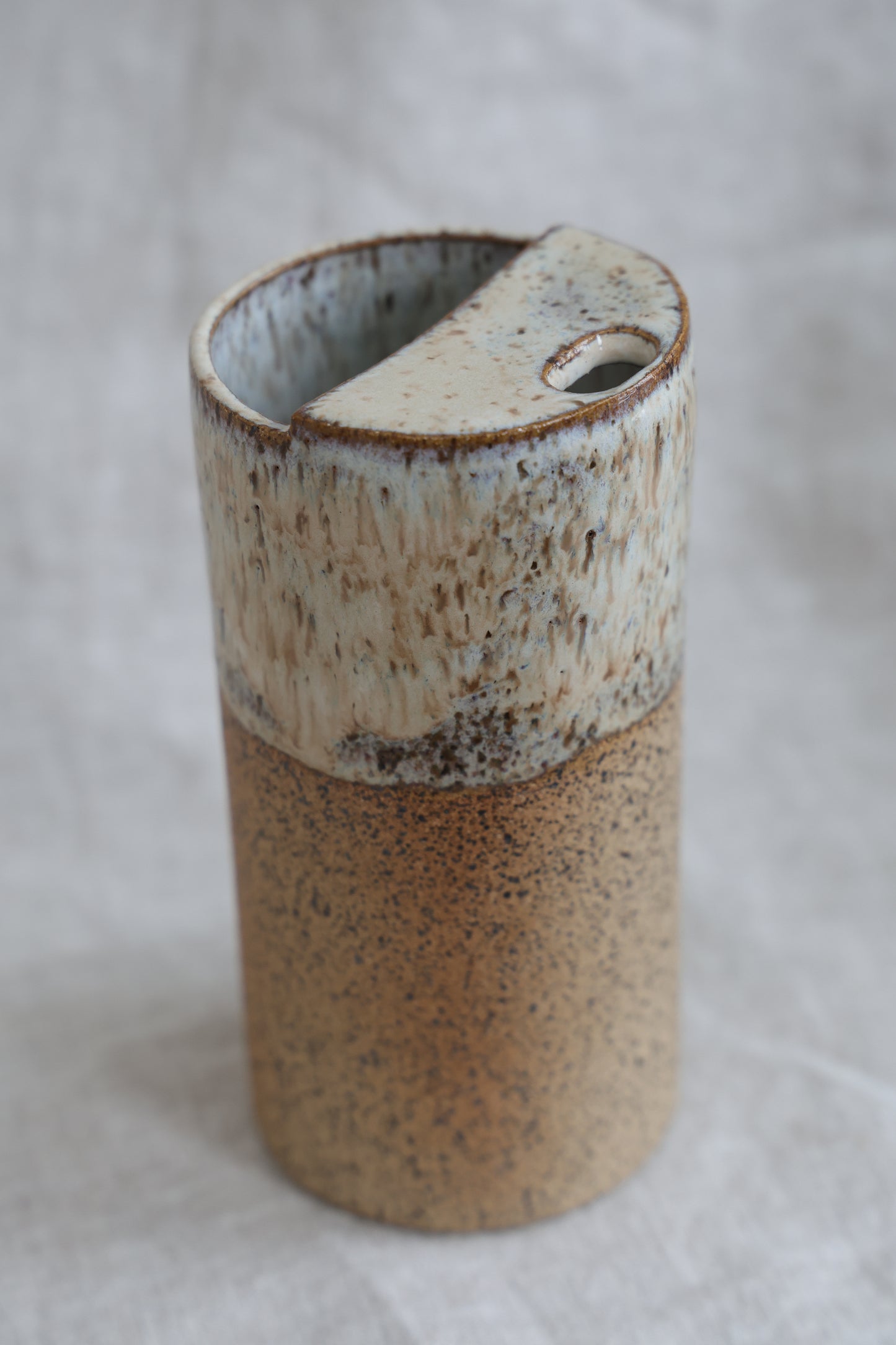 Creamy Beige Speckled To Go Cup, Minimalist Ceramic Travel Tumbler, Mustache Saver, Pottery Stoneware Hand Thrown in Maine 14-16oz.