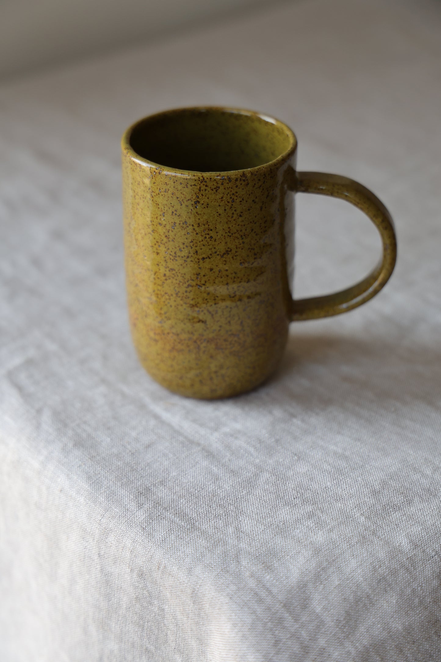 Olive green minimalist Ceramic Stoneware mug Hand Thrown in Maine 12-14oz.