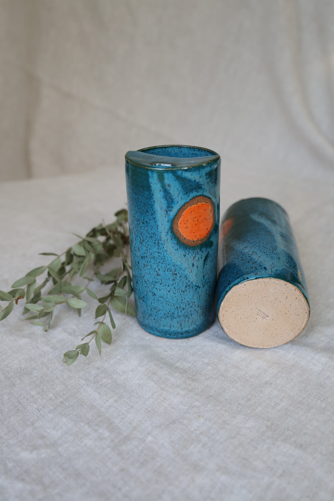 Deep Blue with Orange Moon Speckled To Go Cup, Travel Mug, Travel Tumbler, Mustache Saver, Ceramic Stoneware,  Hand Thrown in Maine 13-15oz.  Pottery Cup