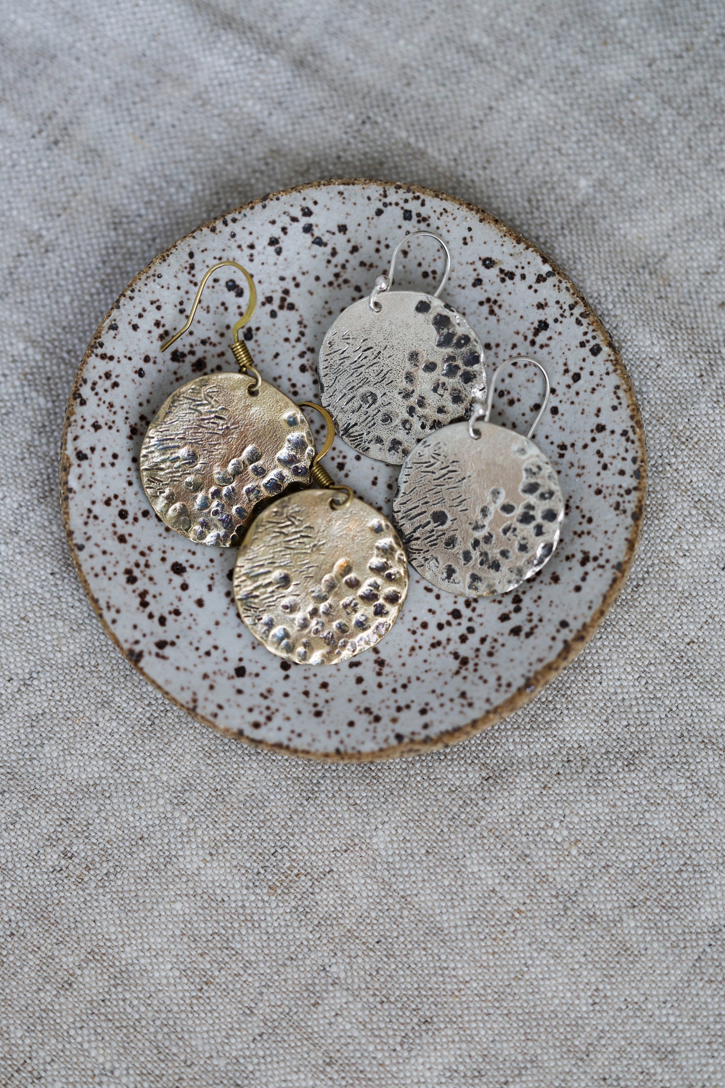 Organically Textured Silver Discs Water's Reflection Wabi-Sabi Circle Earrings, Recycled Silver or Brass hammered texture simple
