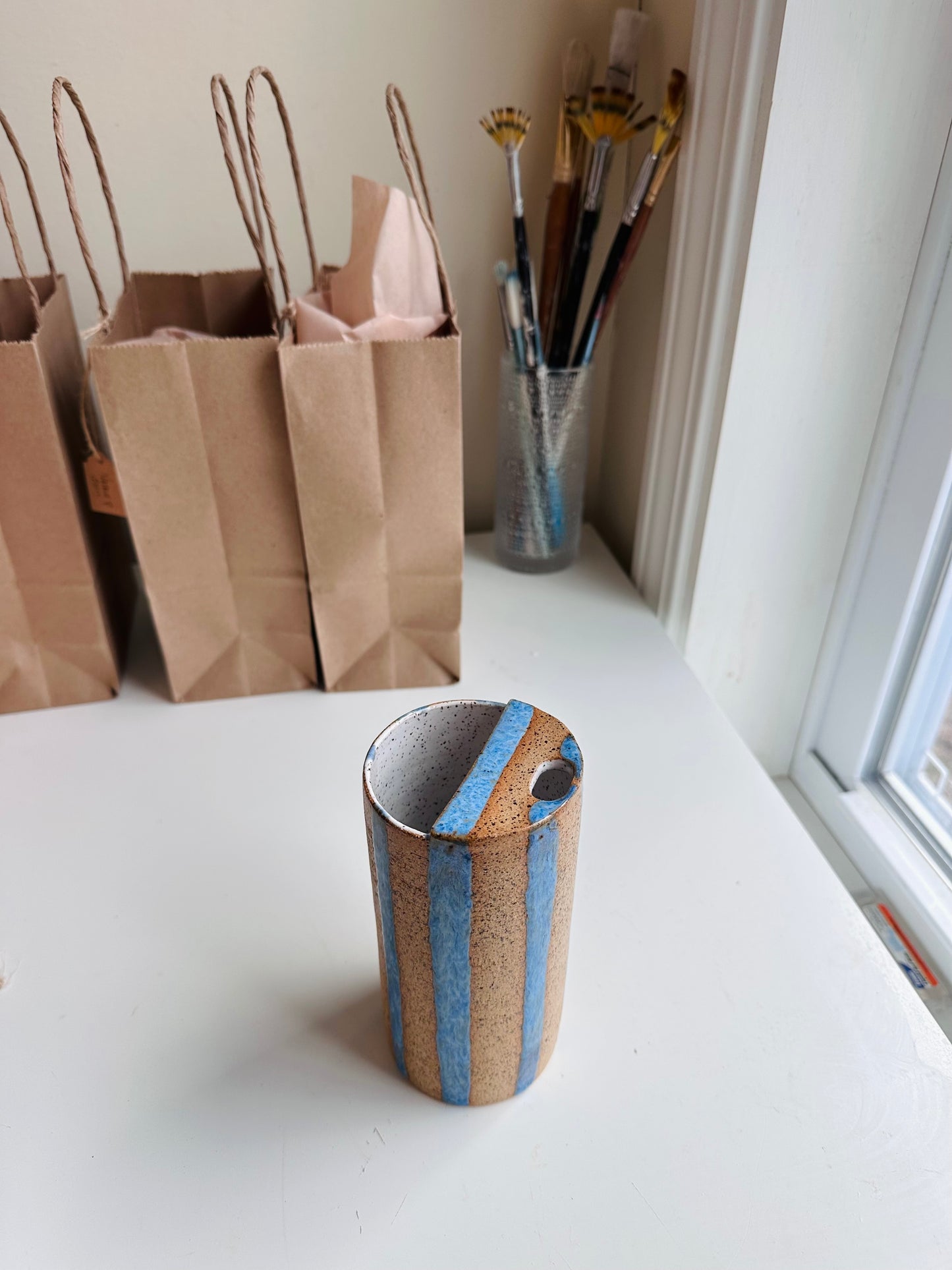 Blue Striped Speckled To Go Cup, Travel Mug, Travel Tumbler, Mustache Saver, Ceramic Stoneware,  Hand Thrown in Maine 13-15oz.  Pottery Cup