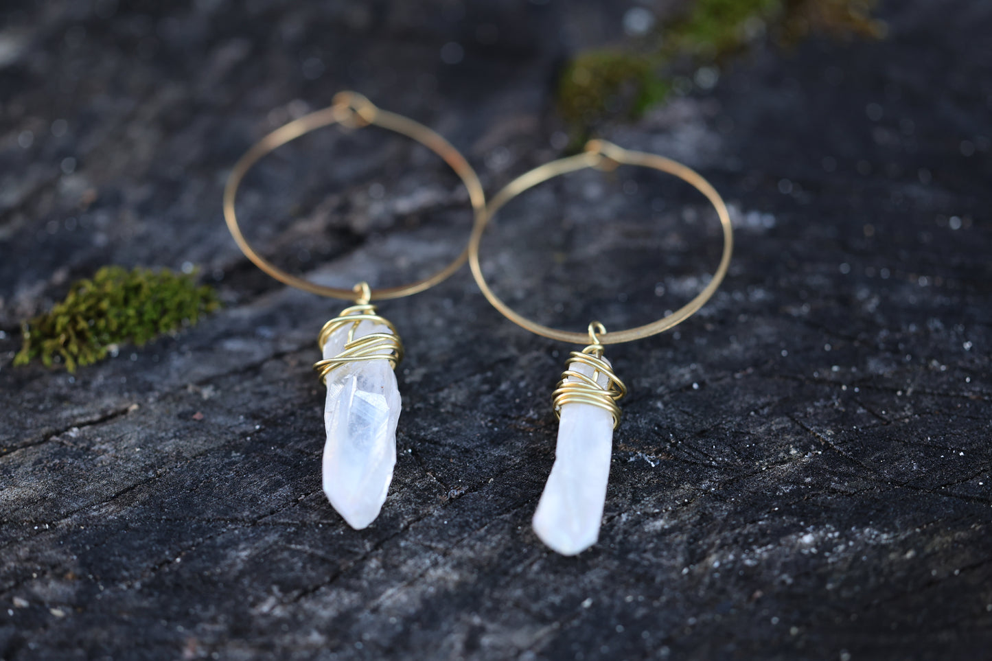 QUARTZ HOOPS | big brass boho hoops with quartz crystal dangles