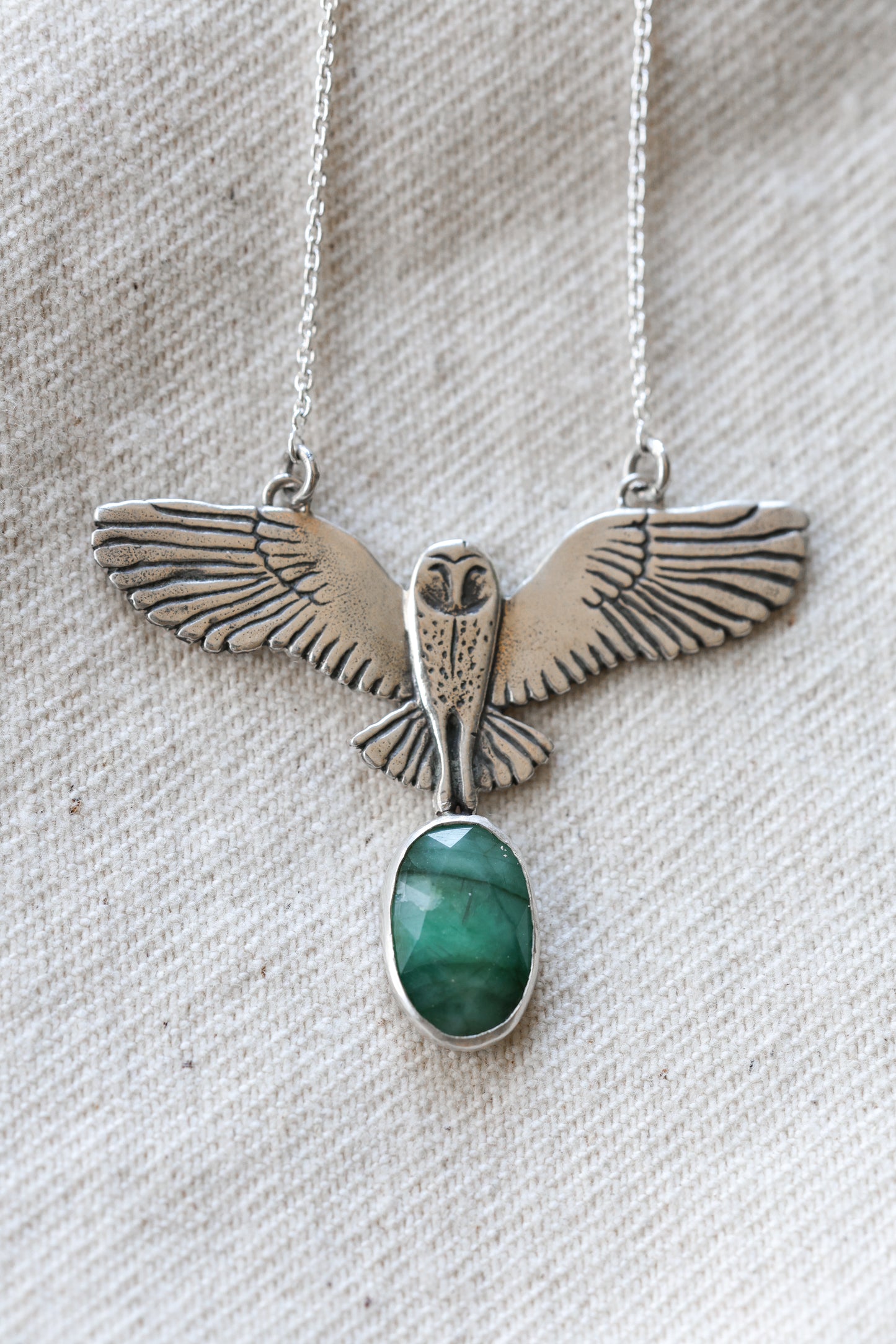 Barn owl, grounding wisdom and stillness, hand carved barn owl necklace with Brazilian Emerald, Carnelian, moonstone, or by itself.