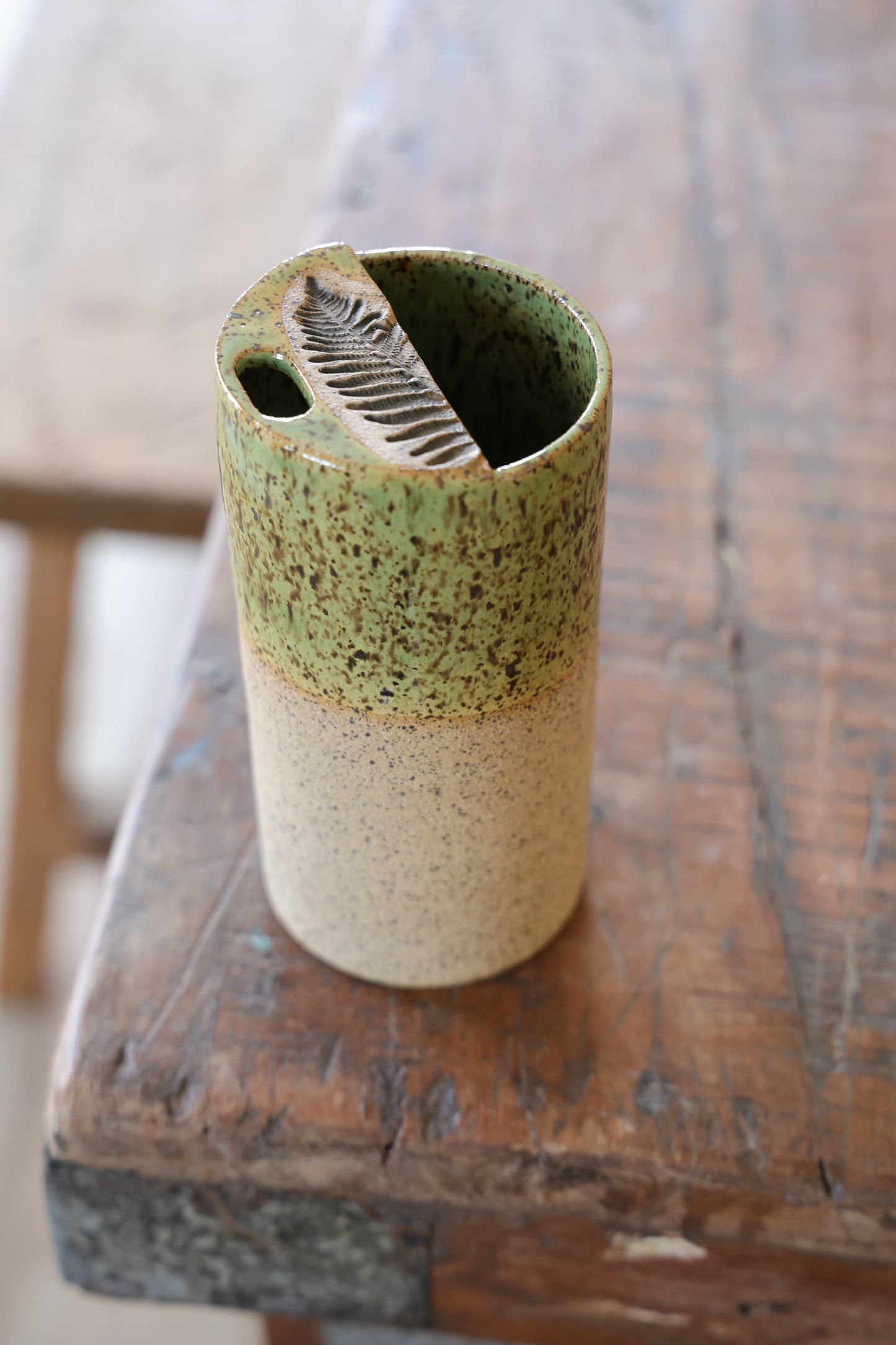 Half Dipped Green Fern Stamped Speckled Stoneware Organic Style Travel Tumbler, To Go Cup, for Minimalists Ceramic Stoneware Hand Thrown in Maine