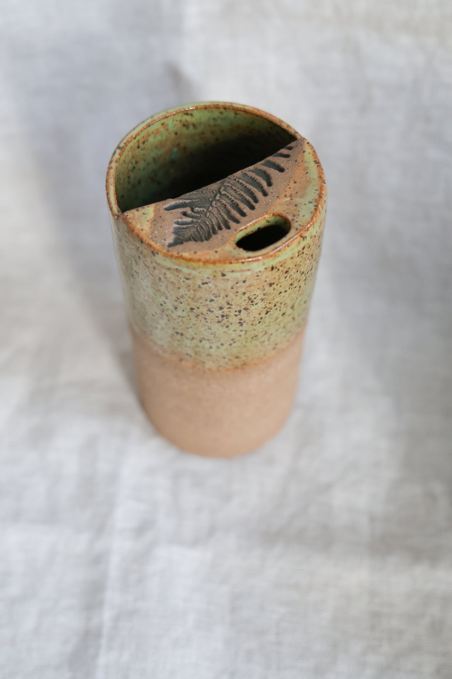 Half Dipped Green Fern Stamped Speckled Stoneware Organic Style Travel Tumbler, To Go Cup, for Minimalists Ceramic Stoneware Hand Thrown in Maine