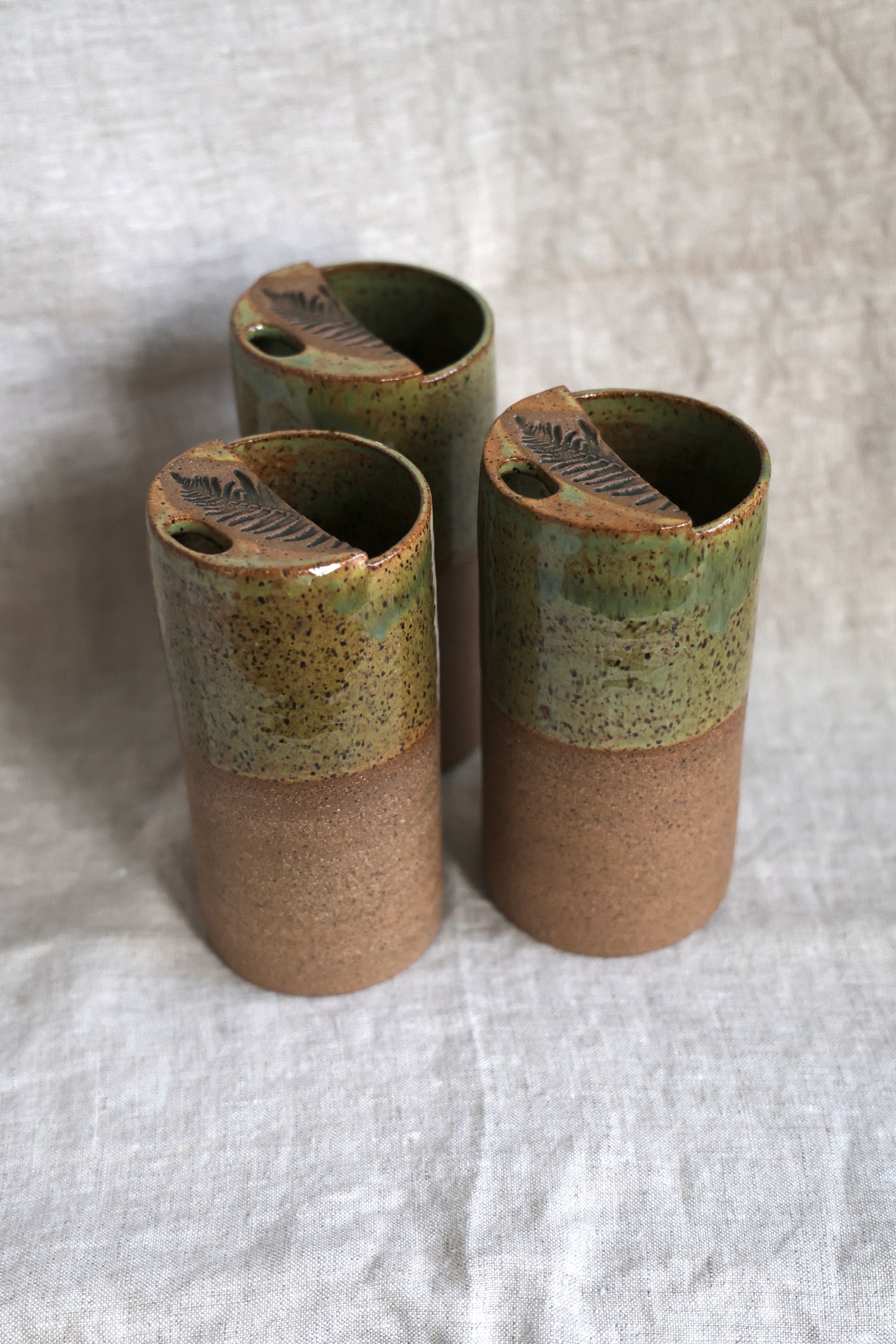 Half Dipped Green Fern Stamped Speckled Stoneware Organic Style Travel Tumbler, To Go Cup, for Minimalists Ceramic Stoneware Hand Thrown in Maine