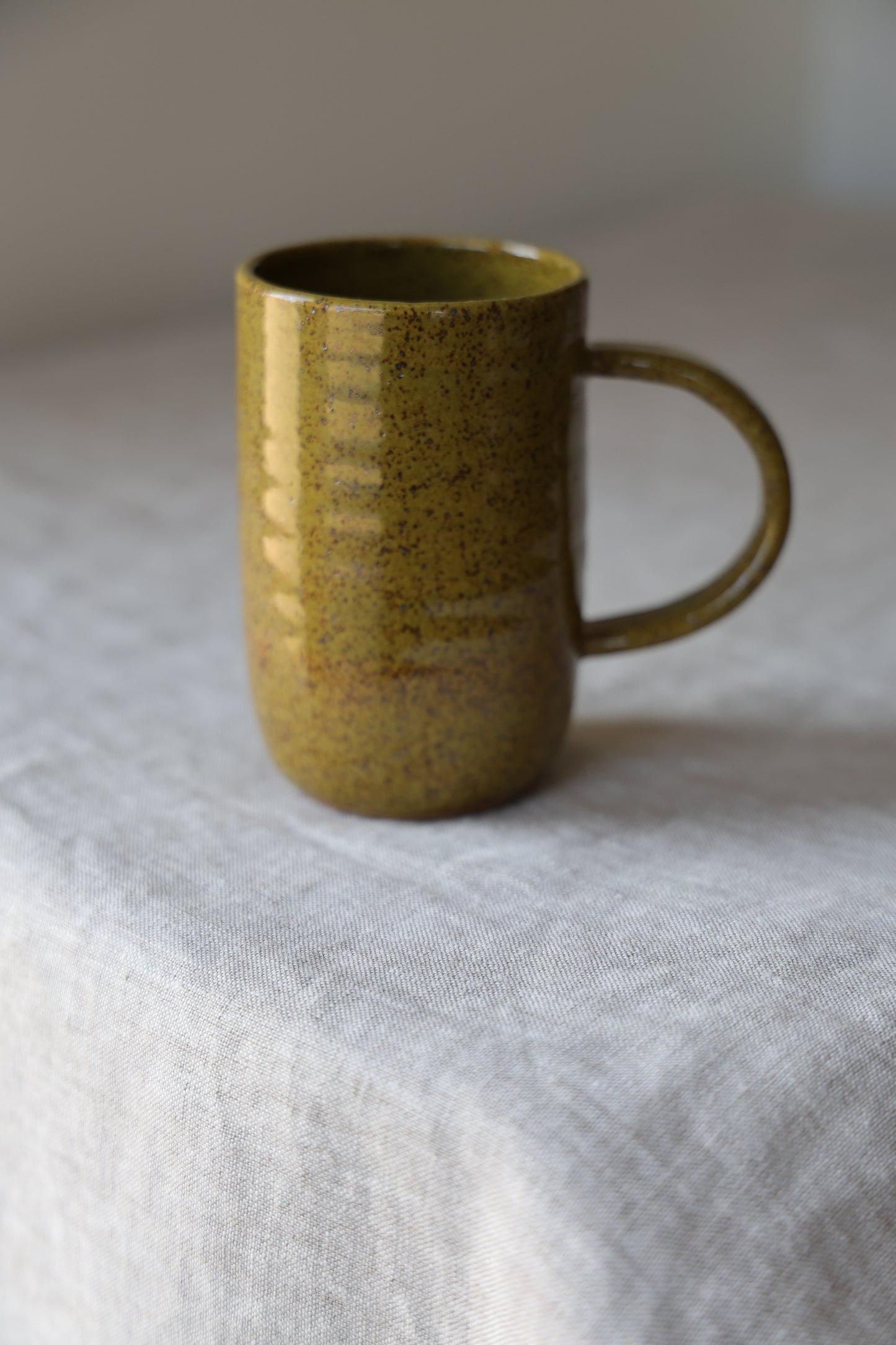 Olive green minimalist Ceramic Stoneware mug Hand Thrown in Maine 12-14oz.