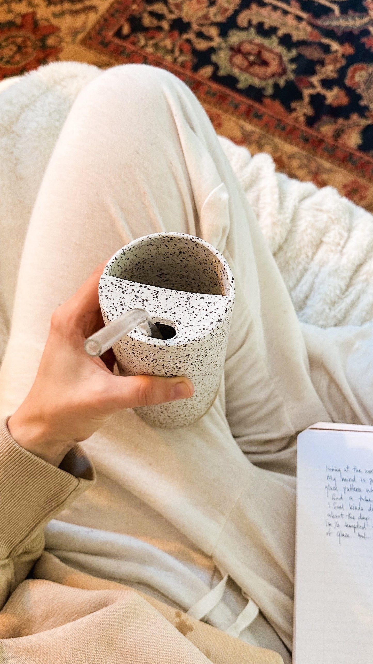 Matte White Speckled To Go Cup, Travel Mug, Mustache Saver, Ceramic Stoneware Hand Thrown in Gorham Maine 14-16oz.
