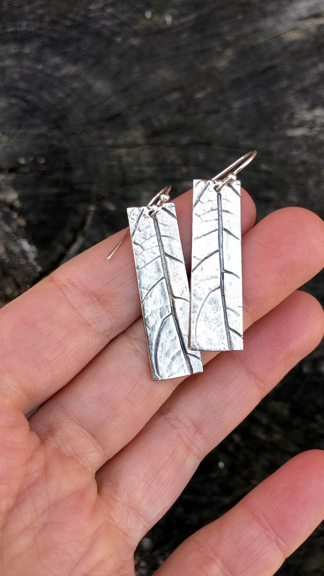 Botanical Minimalist lightweight recycled sterling silver rectangle earrings with leaf texture, minimalist