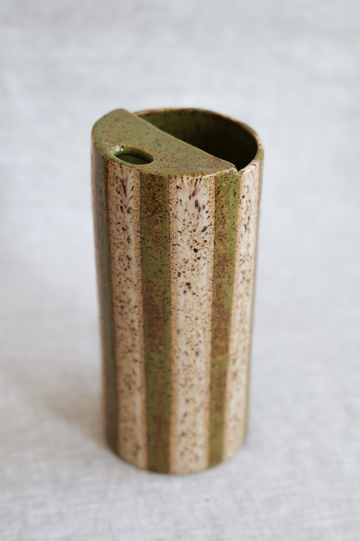 Olive and Neutral Striped Speckled Travel Mug, To Go Cup, On The Go Cup, Ceramic Travel Mug 14-16 oz.