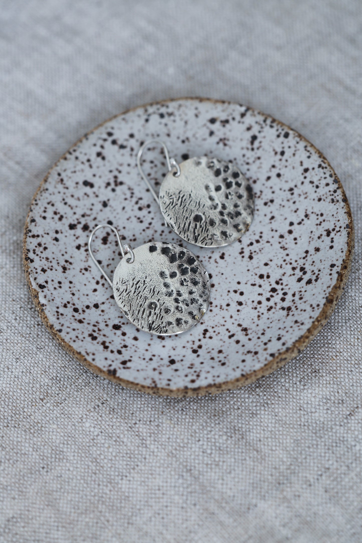 Organically Textured Silver Discs Water's Reflection Wabi-Sabi Circle Earrings, Recycled Silver or Brass hammered texture simple