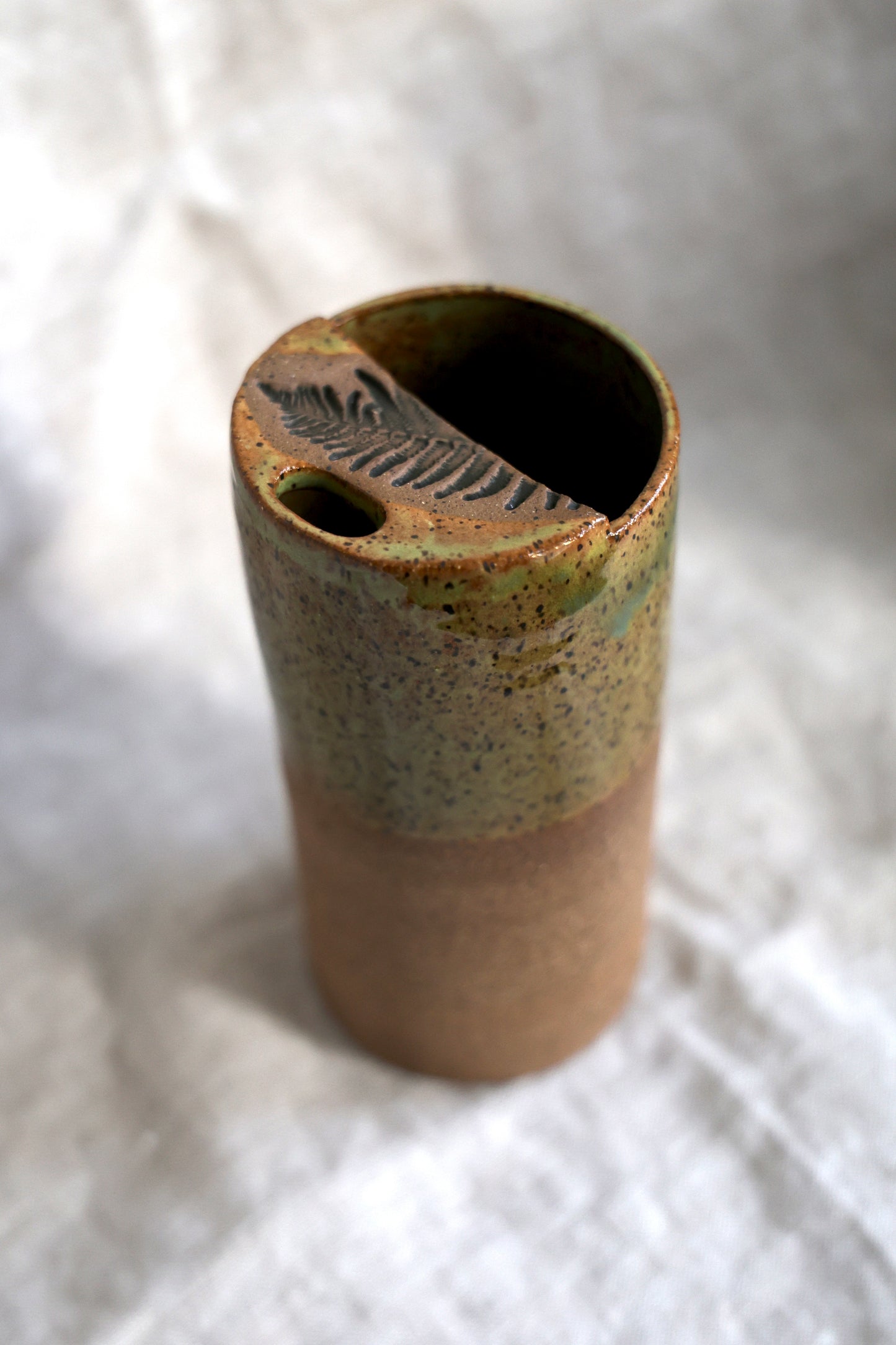 Half Dipped Green Fern Stamped Speckled Stoneware Organic Style Travel Tumbler, To Go Cup, for Minimalists Ceramic Stoneware Hand Thrown in Maine