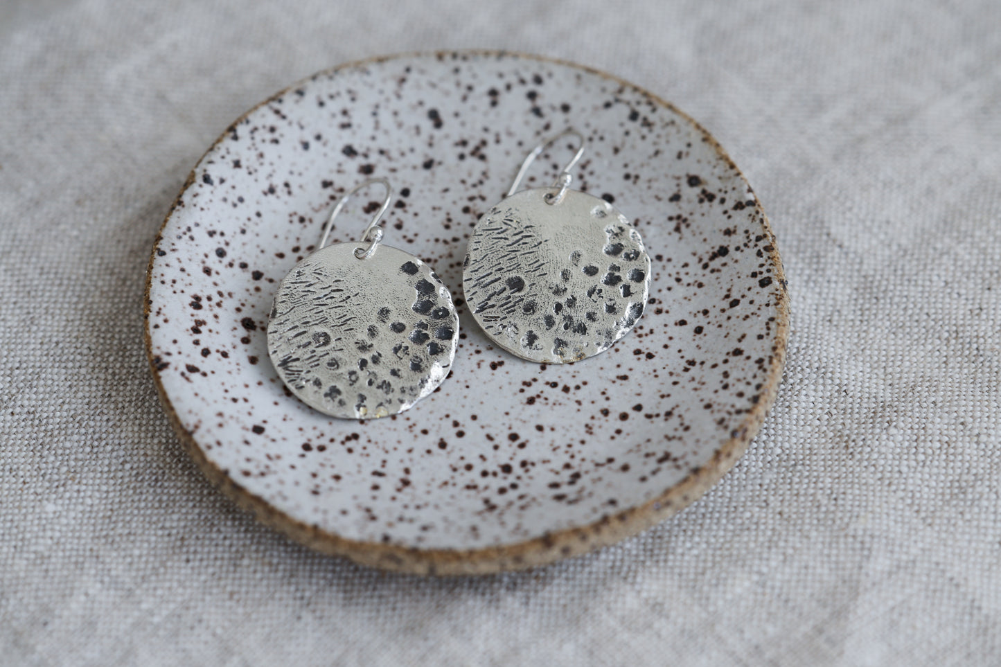 Organically Textured Silver Discs Water's Reflection Wabi-Sabi Circle Earrings, Recycled Silver or Brass hammered texture simple