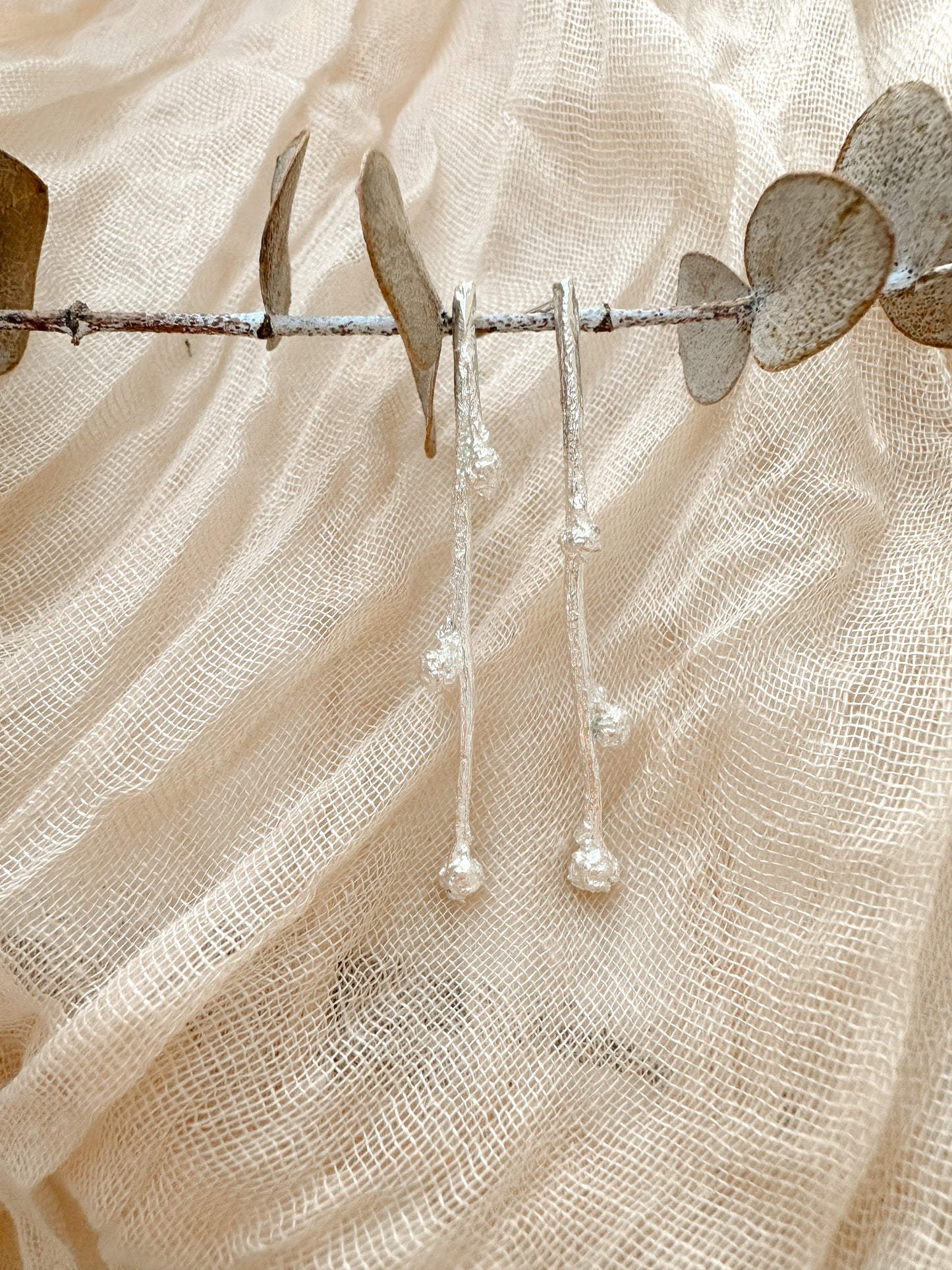 Budding Sprigs, elegant, earthy twig earrings studs with organic textures recycled sterling silver, Maine jewelry