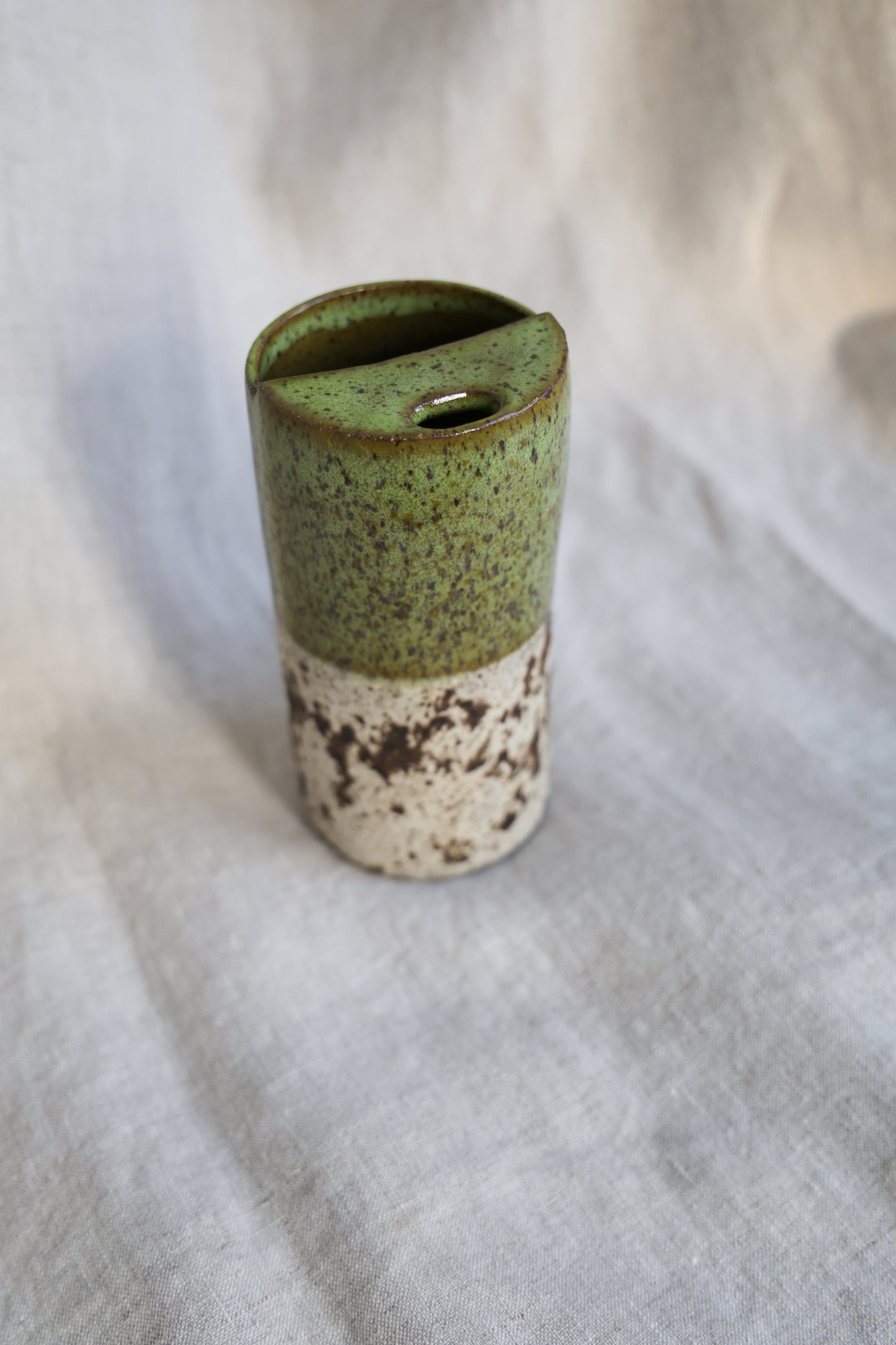 Green travel mug with creamy speckled bottom, Mustache Saver, Ceramic Stoneware Hand Thrown in Maine 14-16oz.