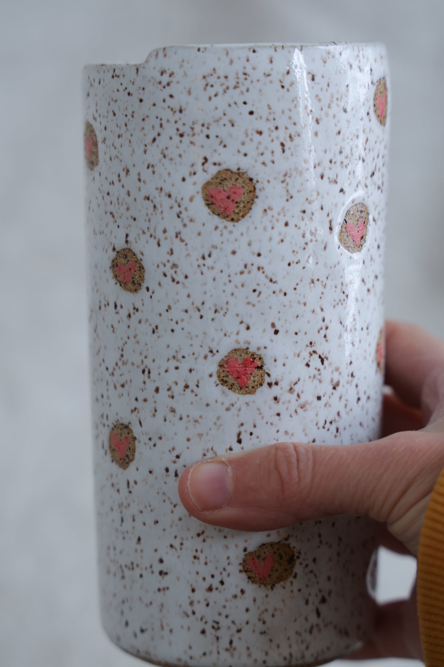 White Speckled To Go Cup with Pink Hearts for Valentine's day, One of a kind, Travel Mug, Travel Tumbler, Mustache Saver, Ceramic Stoneware,  Hand Thrown in Maine Holds 14-16oz.