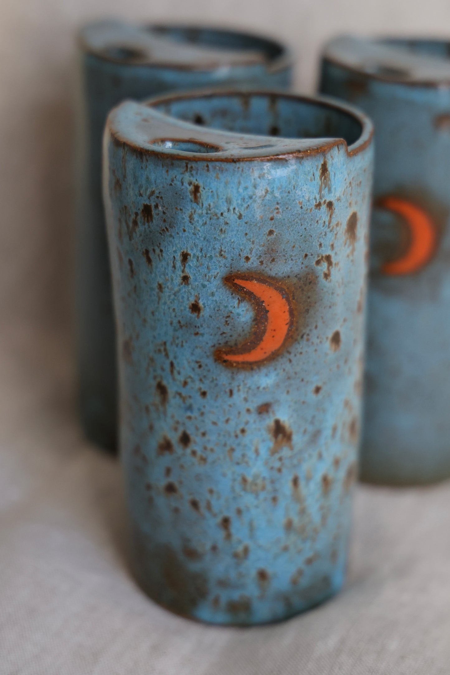 New Crescent moon travel mug with Blue feathered speckled, Mustache Saver, Ceramic Stoneware Hand Thrown in Maine 14-16oz.