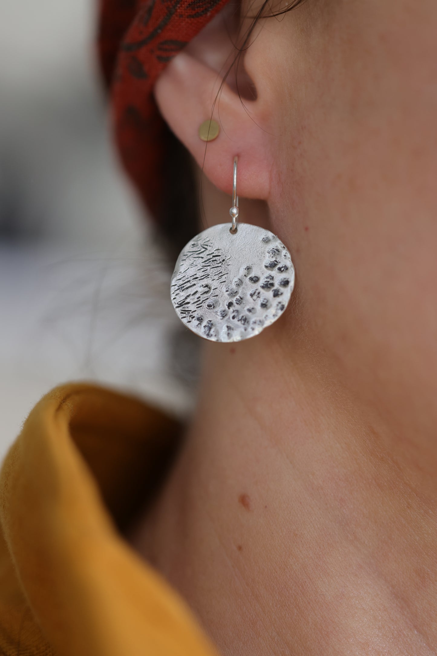 Organically Textured Silver Discs Water's Reflection Wabi-Sabi Circle Earrings, Recycled Silver or Brass hammered texture simple