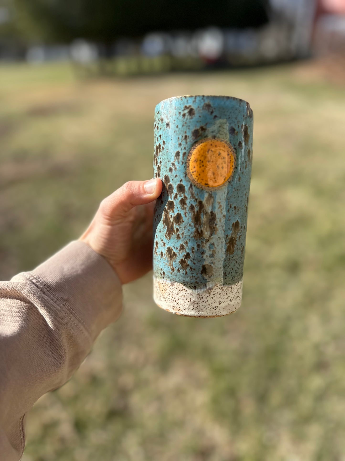 Golden Hour Blue & Cream with Orange Sun Speckled To Go Cup, Travel Mug, Travel Tumbler, Mustache Saver, Ceramic Stoneware,  Hand Thrown in Maine 14-16 oz.  Pottery Cup