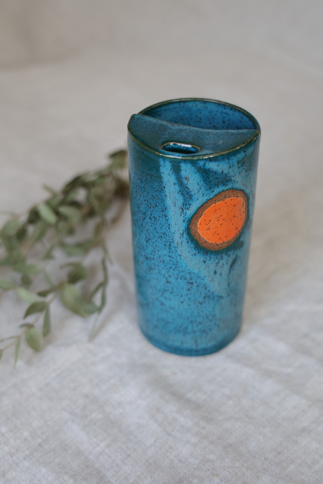 Deep Blue with Orange Moon Speckled To Go Cup, Travel Mug, Travel Tumbler, Mustache Saver, Ceramic Stoneware,  Hand Thrown in Maine 13-15oz.  Pottery Cup