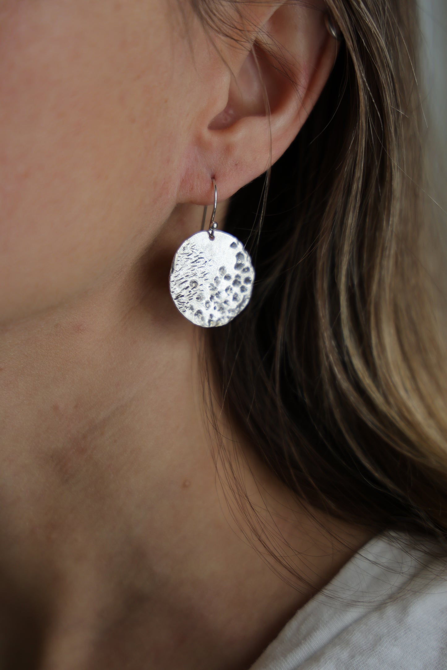 Organically Textured Silver Discs Water's Reflection Wabi-Sabi Circle Earrings, Recycled Silver or Brass hammered texture simple