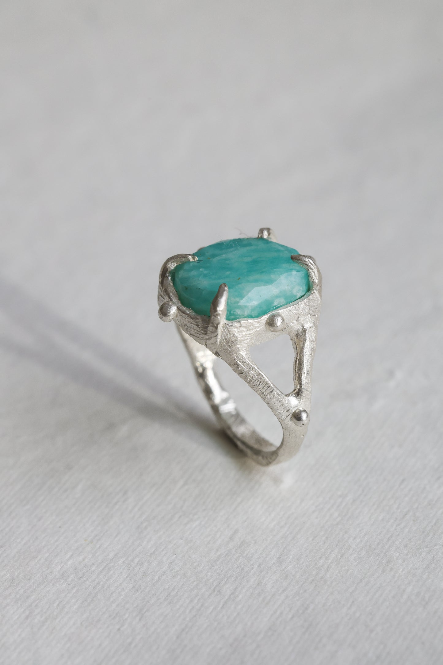 Storybook Talisman Amazonite One-of-a-kind, split shank ring with claw setting