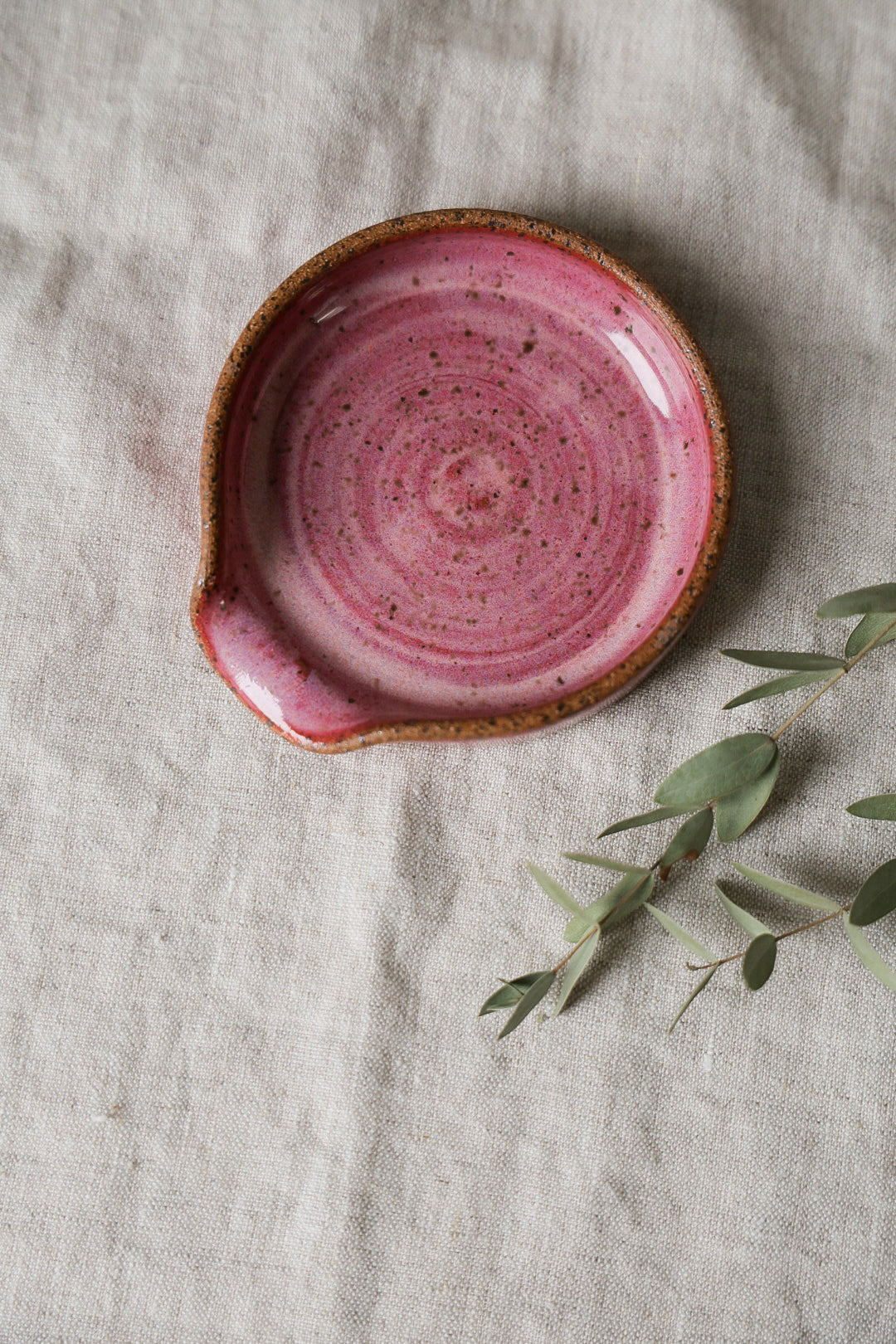 Spoon rest in speckled ceramic, kitchenware pottery, rustic, handmade, artful home, white, pink, or green.